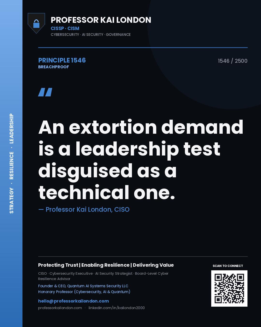 Quote card by Professor Kai London reading 'An extortion demand is a leadership test disguised as a technical one.'. From the book Breachproof.