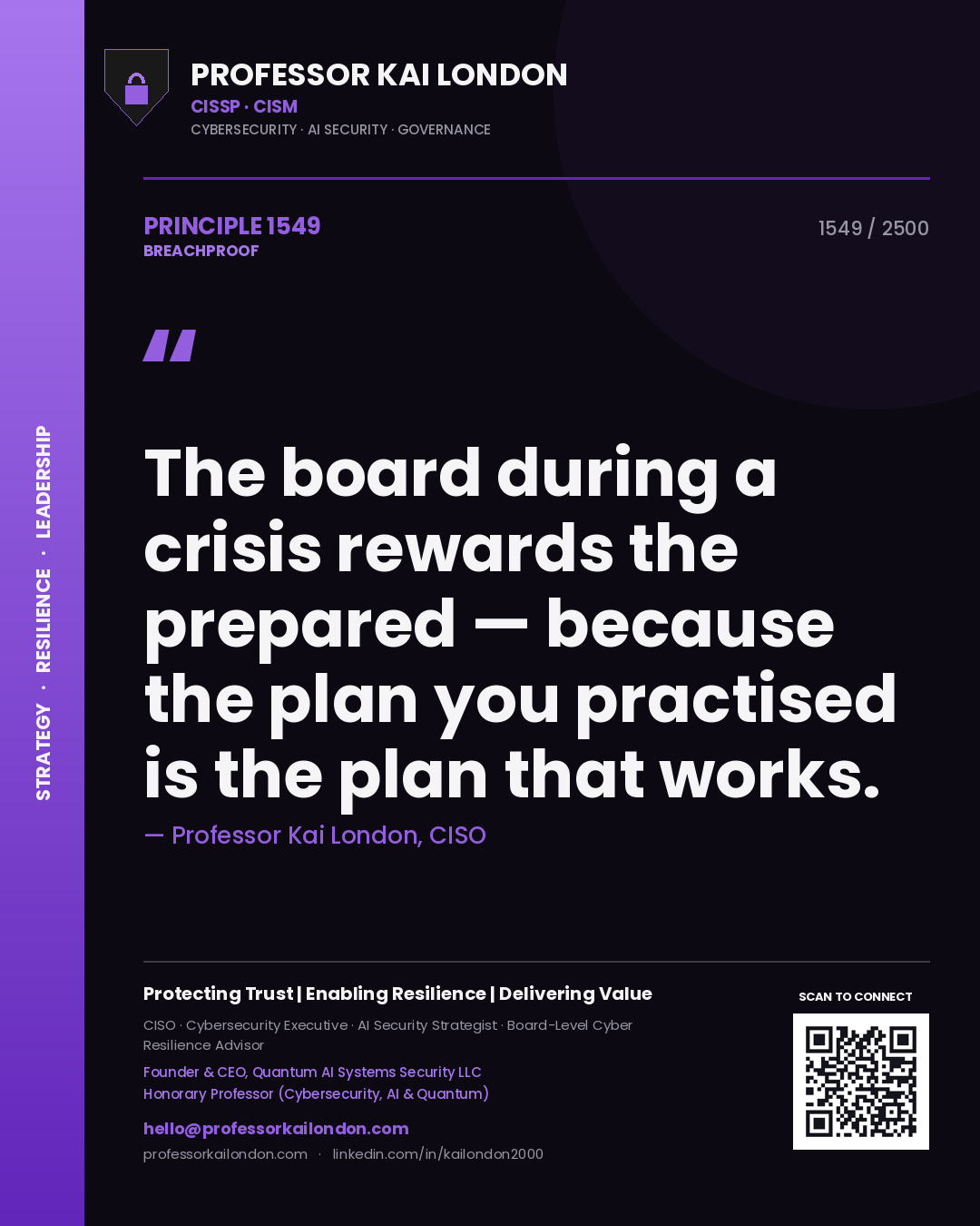 Quote card by Professor Kai London reading 'The board during a crisis rewards the prepared — because the plan you practised is the plan that works.'. From the book Breachproof.