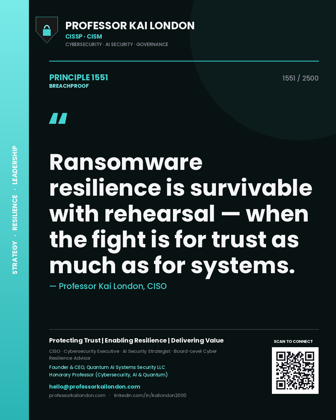 Professor Kai London principle 1551: Ransomware resilience is survivable with rehearsal — when the fight is for trust as much as for systems.