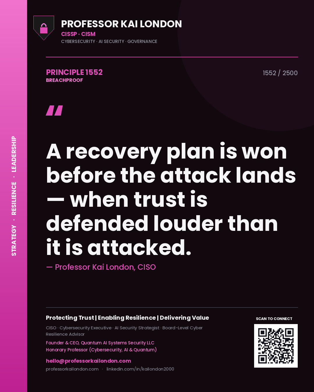 Quote card by Professor Kai London reading 'A recovery plan is won before the attack lands — when trust is defended louder than it is attacked.'. From the book Breachproof.