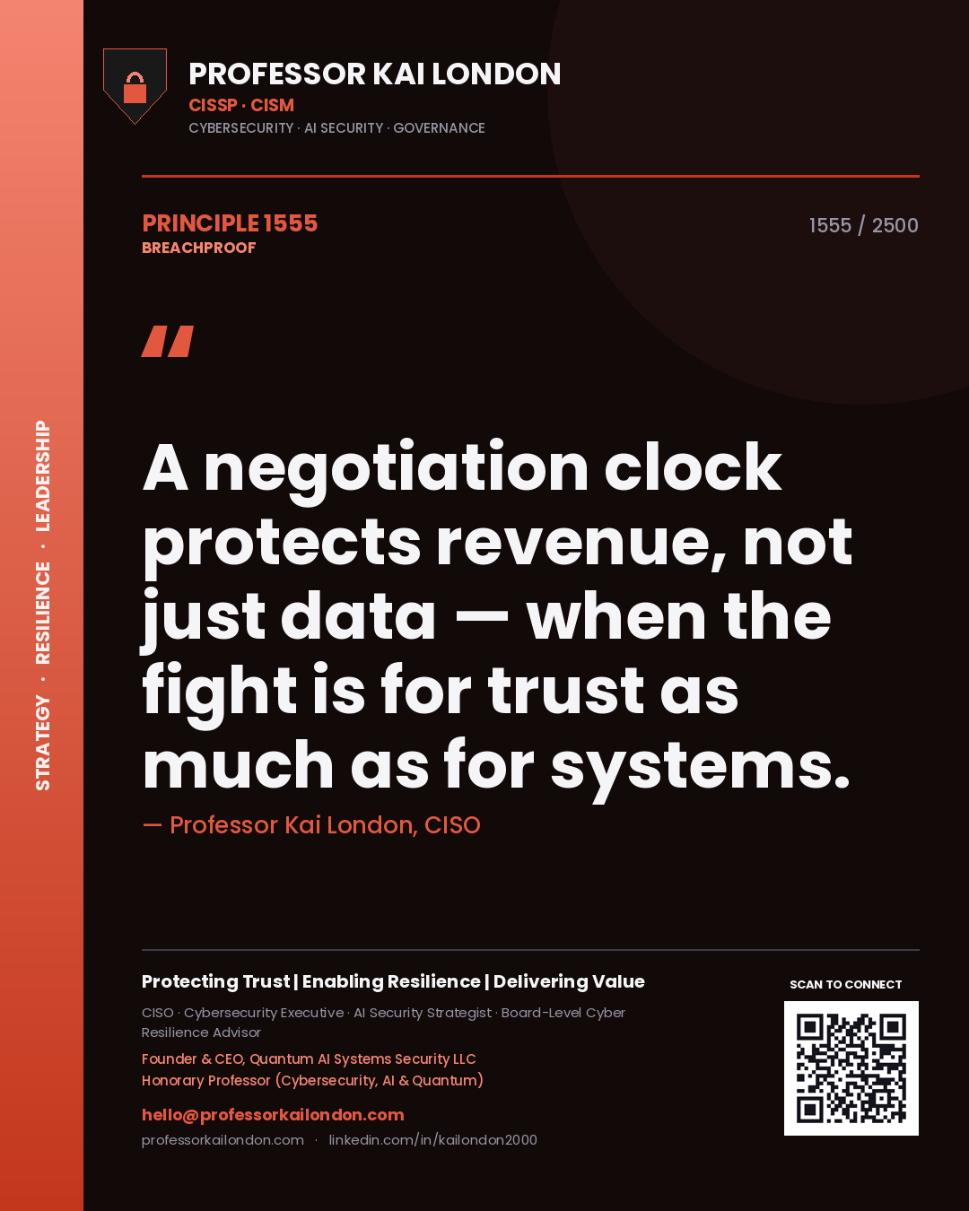 Quote card by Professor Kai London reading 'A negotiation clock protects revenue, not just data — when the fight is for trust as much as for systems.'. From the book Breachproof.