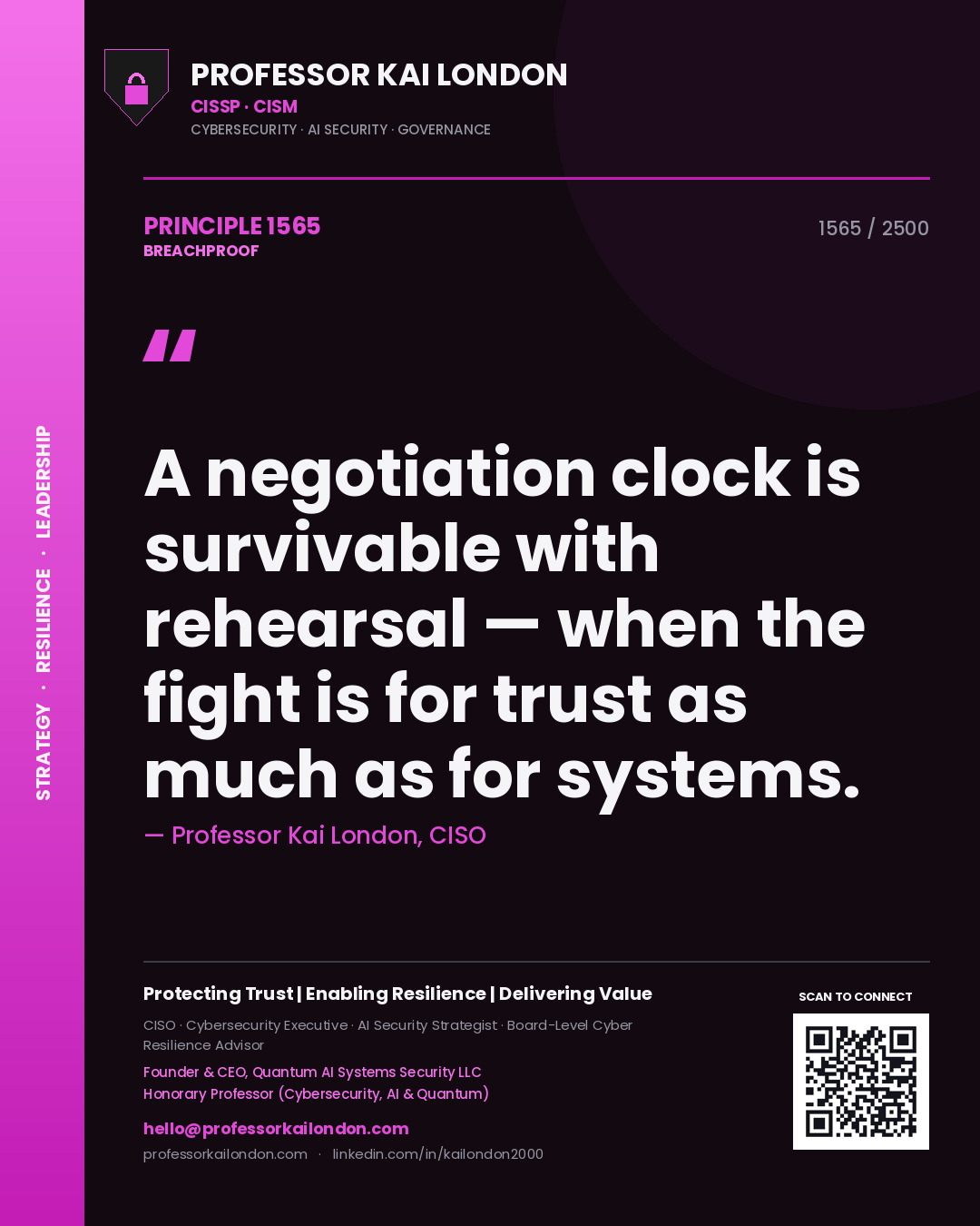 Quote card by Professor Kai London reading 'A negotiation clock is survivable with rehearsal — when the fight is for trust as much as for systems.'. From the book Breachproof.