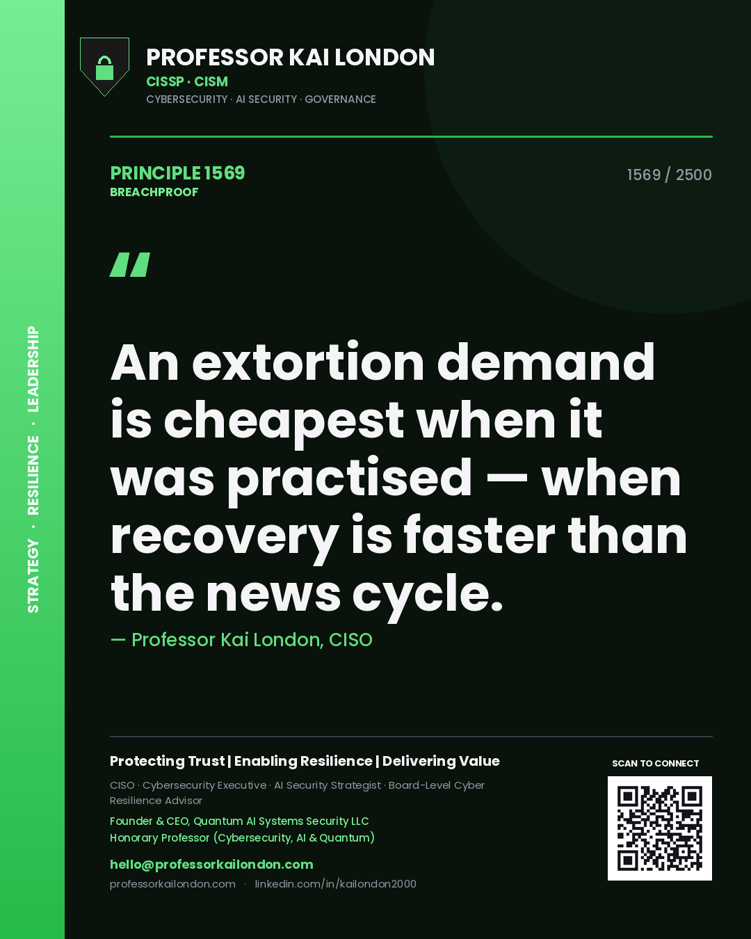 Quote card by Professor Kai London reading 'An extortion demand is cheapest when it was practised — when recovery is faster than the news cycle.'. From the book Breachproof.
