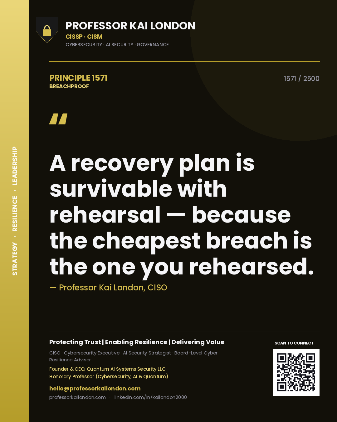 Quote card by Professor Kai London reading 'A recovery plan is survivable with rehearsal — because the cheapest breach is the one you rehearsed.'. From the book Breachproof.