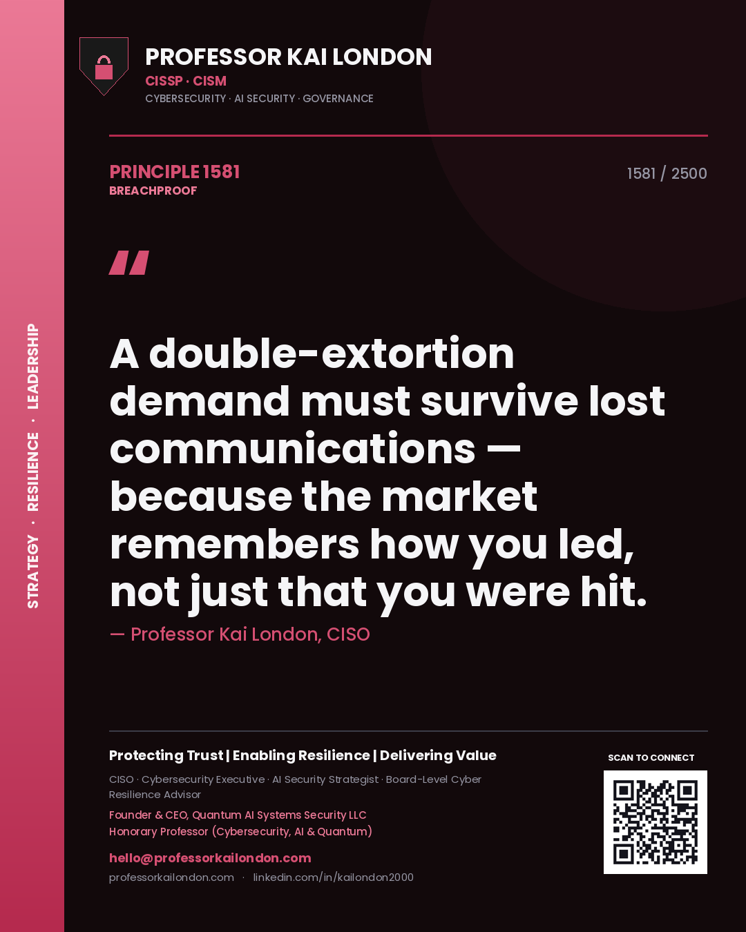 Quote card by Professor Kai London reading 'A double-extortion demand must survive lost communications — because the market remembers how you led, not just that you were hit.'. From the book Breachproof.