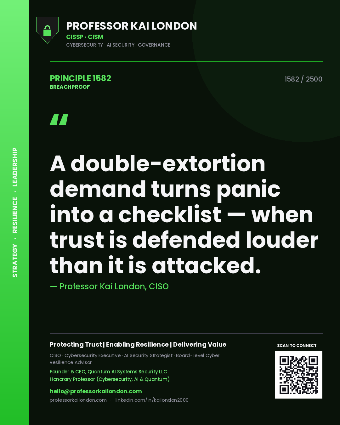 Quote card by Professor Kai London reading 'A double-extortion demand turns panic into a checklist — when trust is defended louder than it is attacked.'. From the book Breachproof.