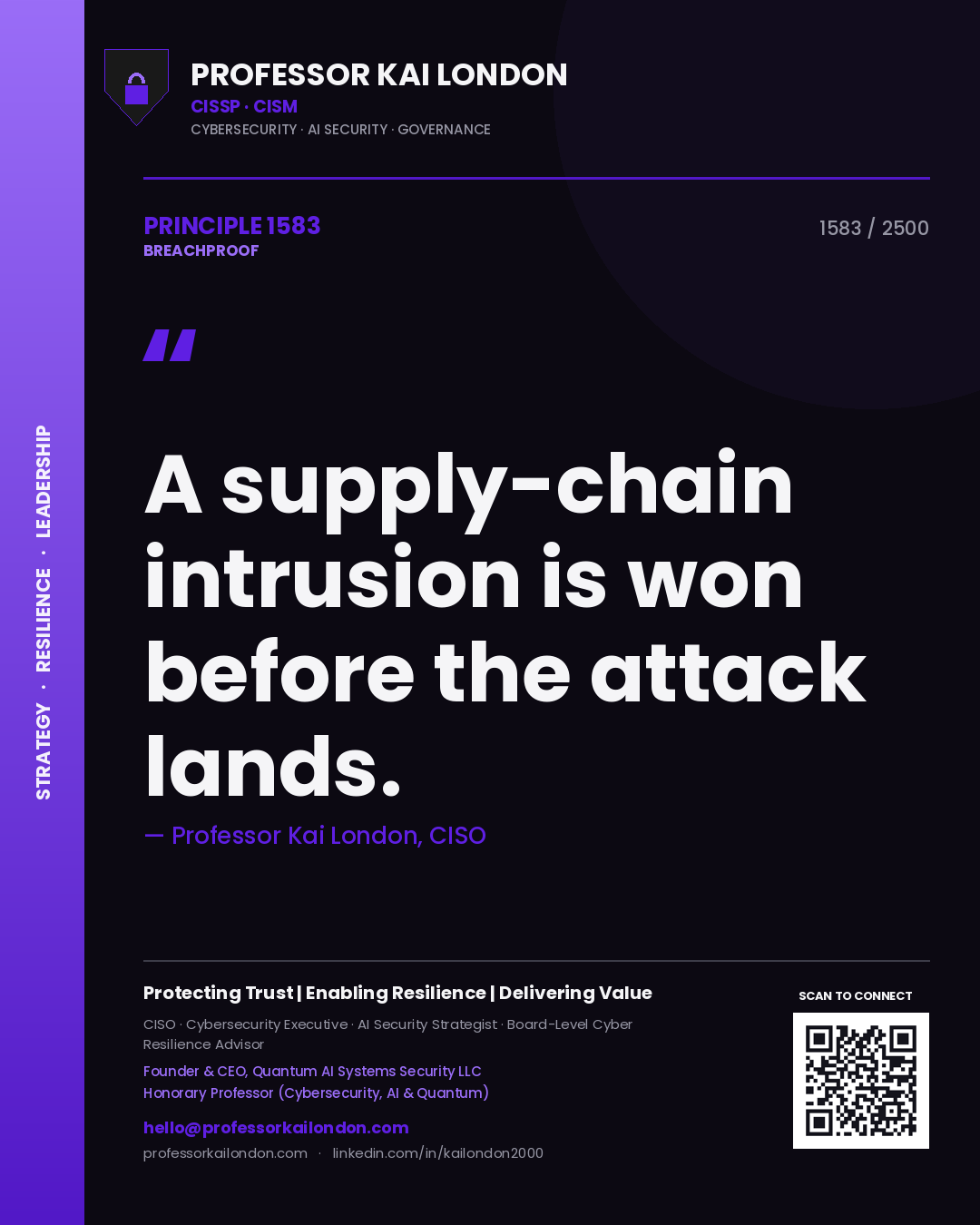 Quote card by Professor Kai London reading 'A supply-chain intrusion is won before the attack lands.'. From the book Breachproof.