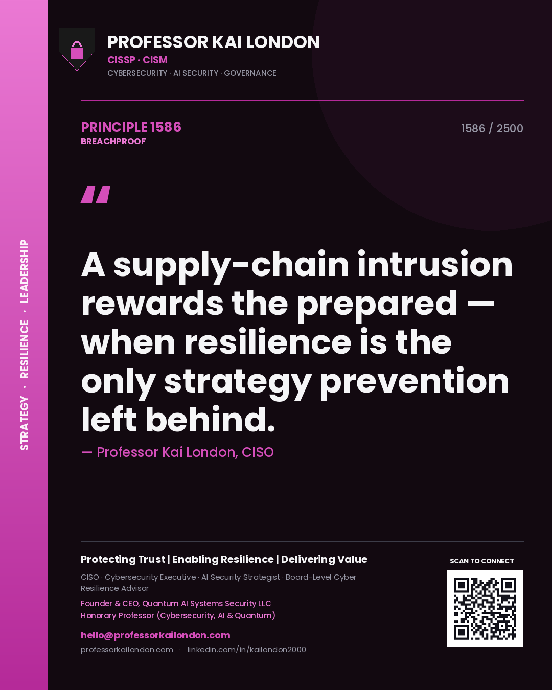 Quote card by Professor Kai London reading 'A supply-chain intrusion rewards the prepared — when resilience is the only strategy prevention left behind.'. From the book Breachproof.