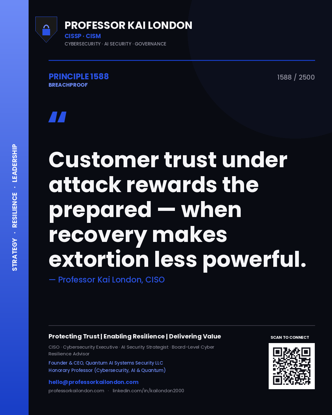 Professor Kai London principle 1588: Customer trust under attack rewards the prepared — when recovery makes extortion less powerful.