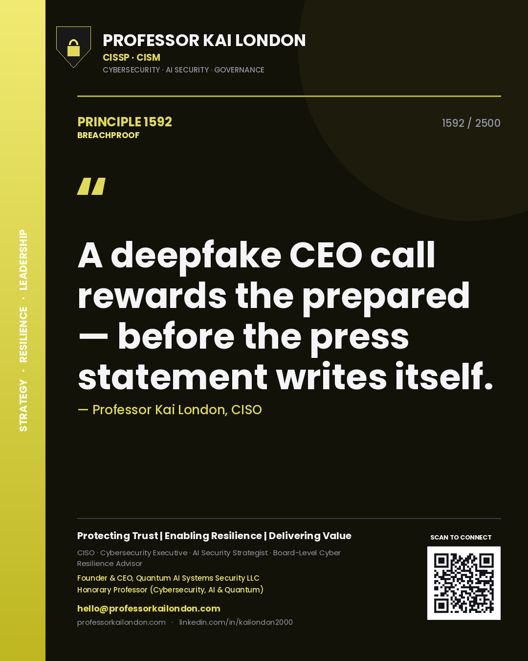 Quote card by Professor Kai London reading 'A deepfake CEO call rewards the prepared — before the press statement writes itself.'. From the book Breachproof.