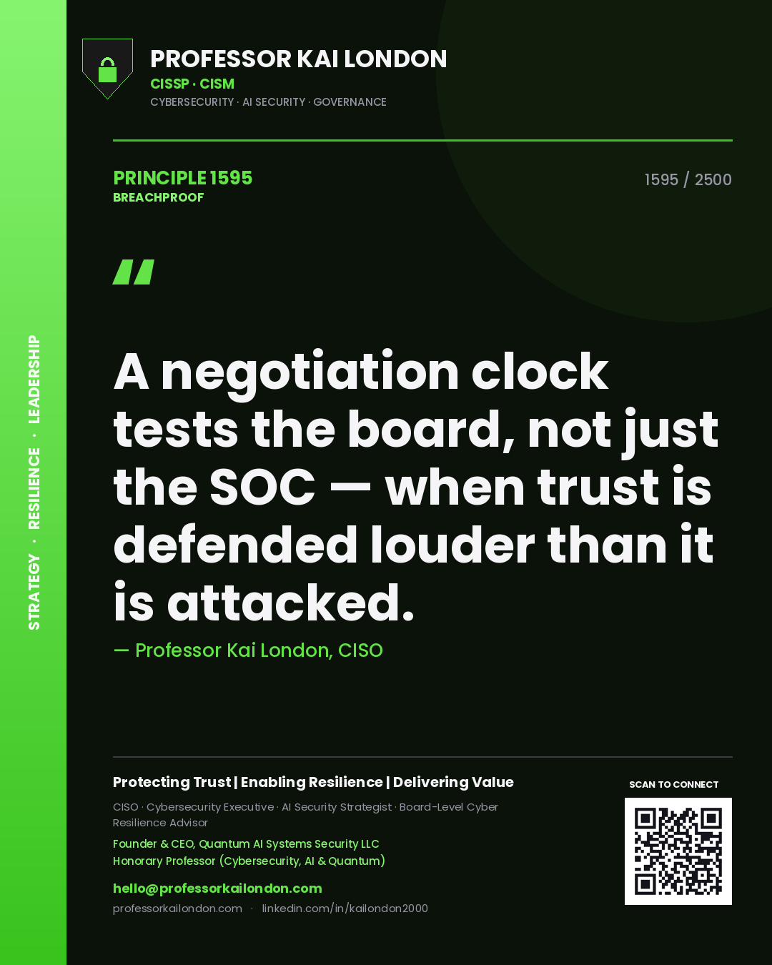 Quote card by Professor Kai London reading 'A negotiation clock tests the board, not just the SOC — when trust is defended louder than it is attacked.'. From the book Breachproof.