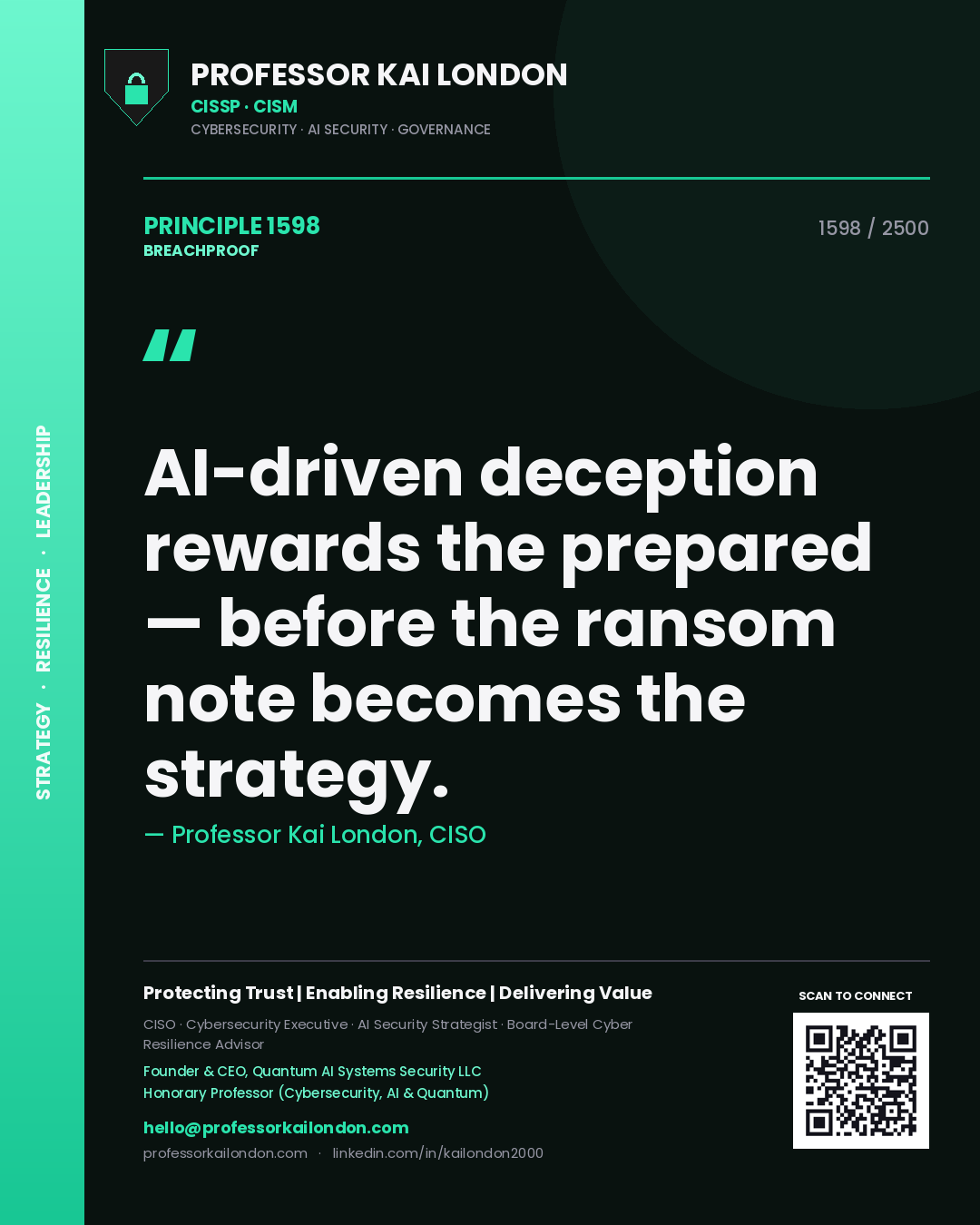 Quote card by Professor Kai London reading 'AI-driven deception rewards the prepared — before the ransom note becomes the strategy.'. From the book Breachproof.