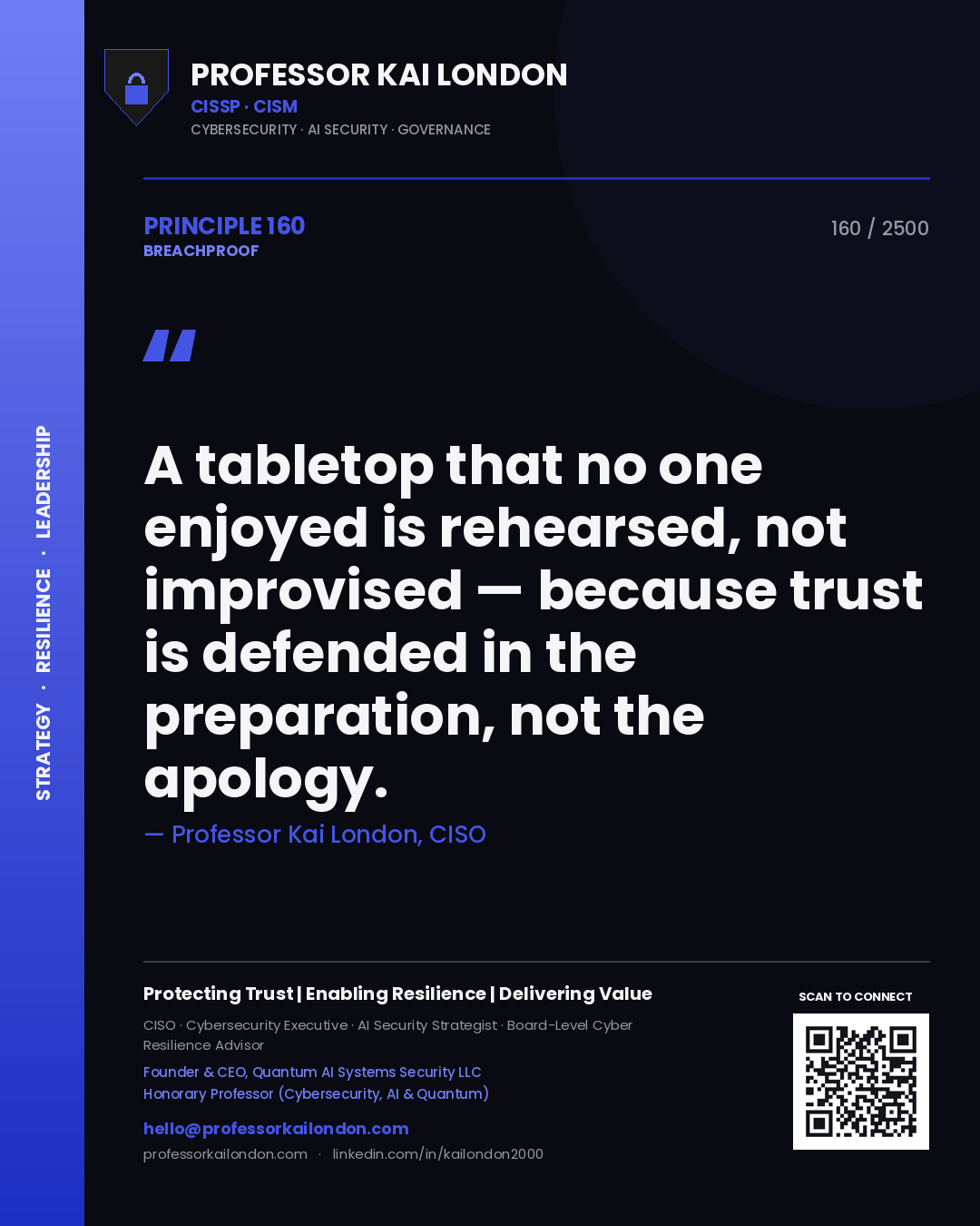 Quote card by Professor Kai London reading 'A tabletop that no one enjoyed is rehearsed, not improvised — because trust is defended in the preparation, not the apology.'. From the book Breachproof.