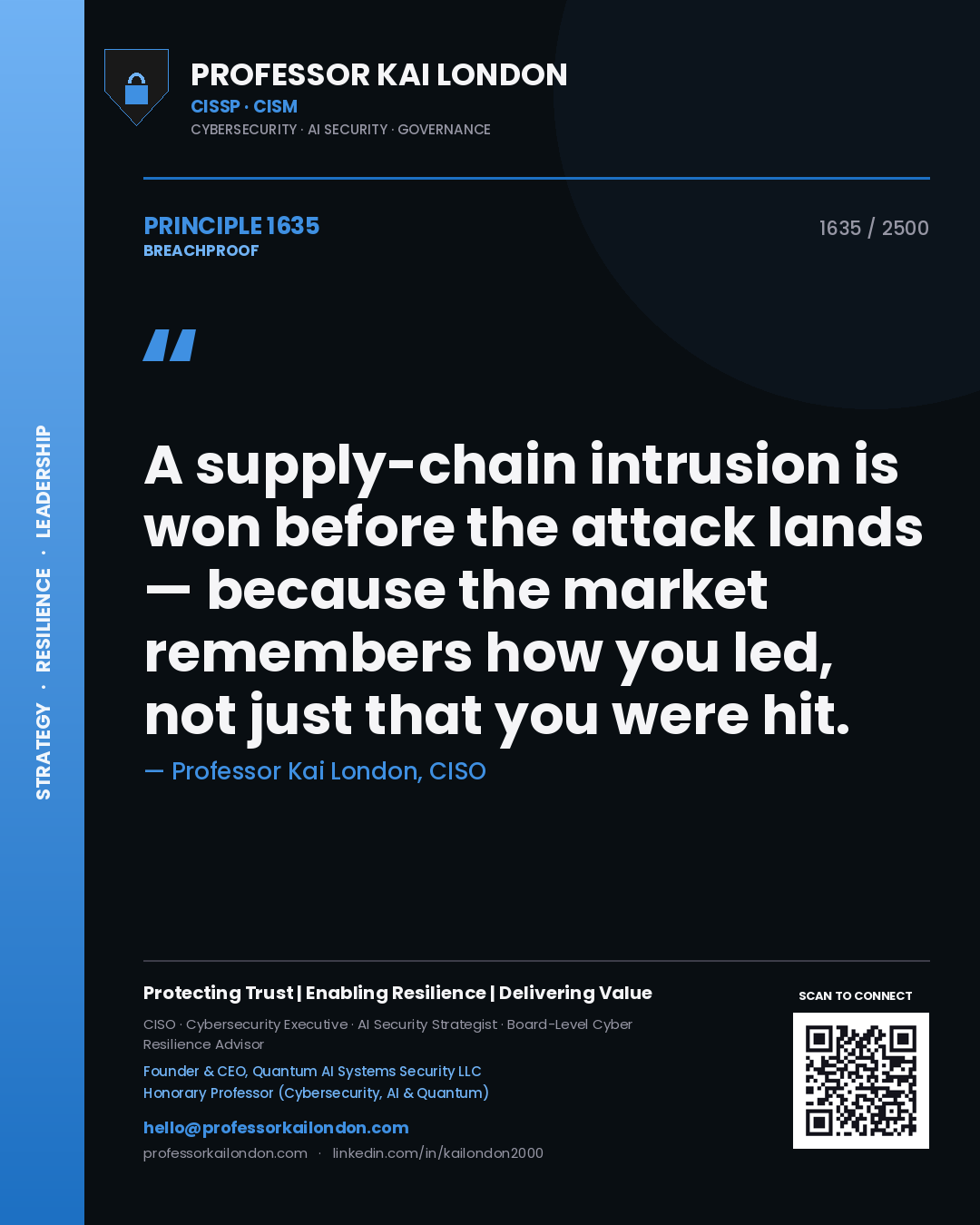 Quote card by Professor Kai London reading 'A supply-chain intrusion is won before the attack lands — because the market remembers how you led, not just that you were hit.'. From the book Breachproof.