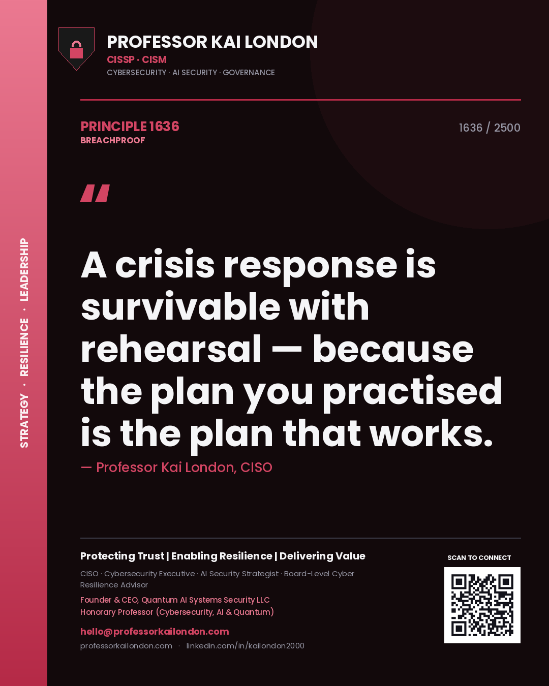 Quote card by Professor Kai London reading 'A crisis response is survivable with rehearsal — because the plan you practised is the plan that works.'. From the book Breachproof.