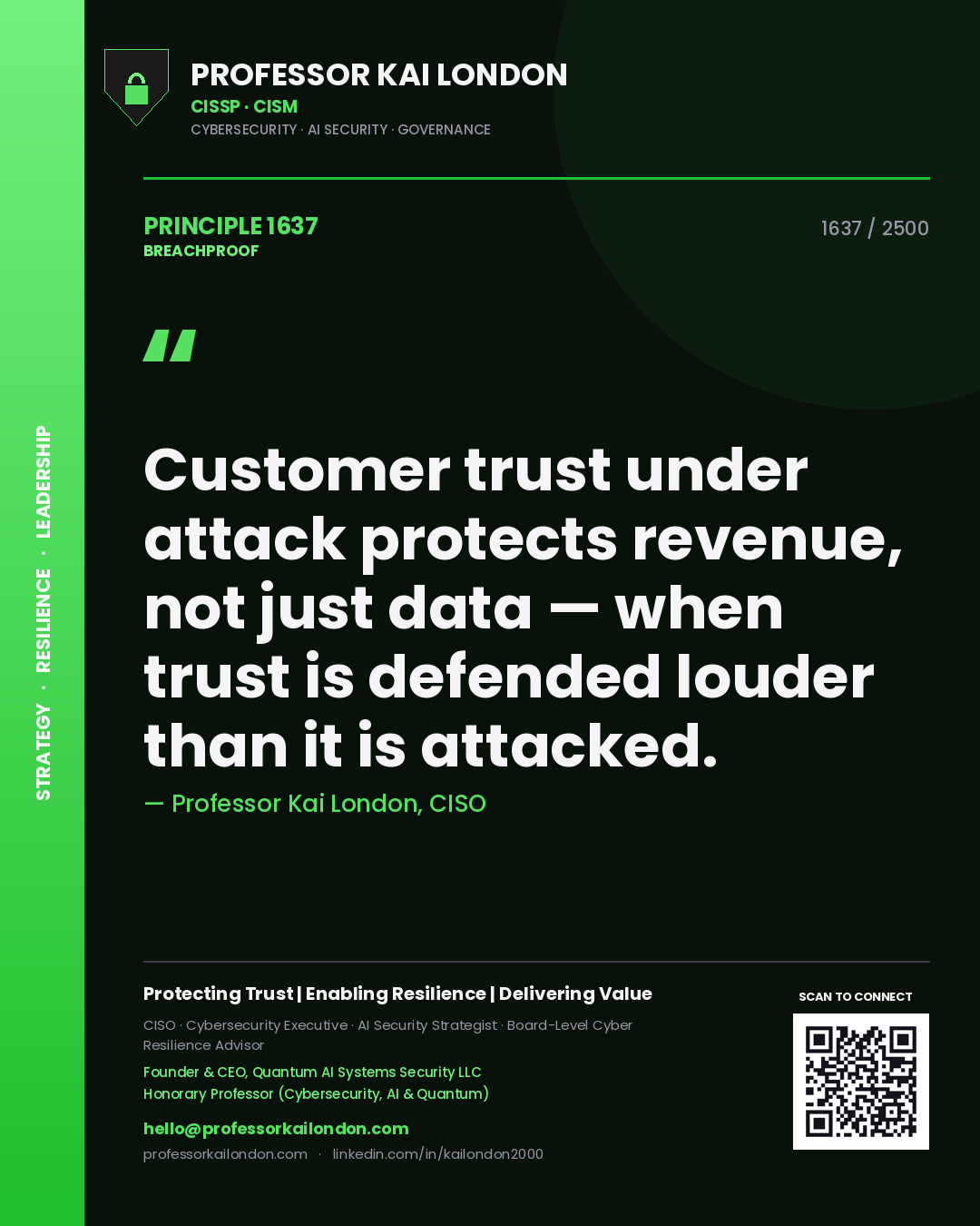 Quote card by Professor Kai London reading 'Customer trust under attack protects revenue, not just data — when trust is defended louder than it is attacked.'. From the book Breachproof.