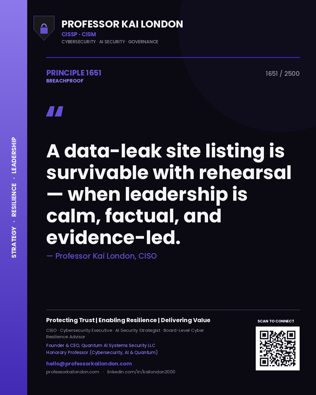 Quote card by Professor Kai London reading 'A data-leak site listing is survivable with rehearsal — when leadership is calm, factual, and evidence-led.'. From the book Breachproof.