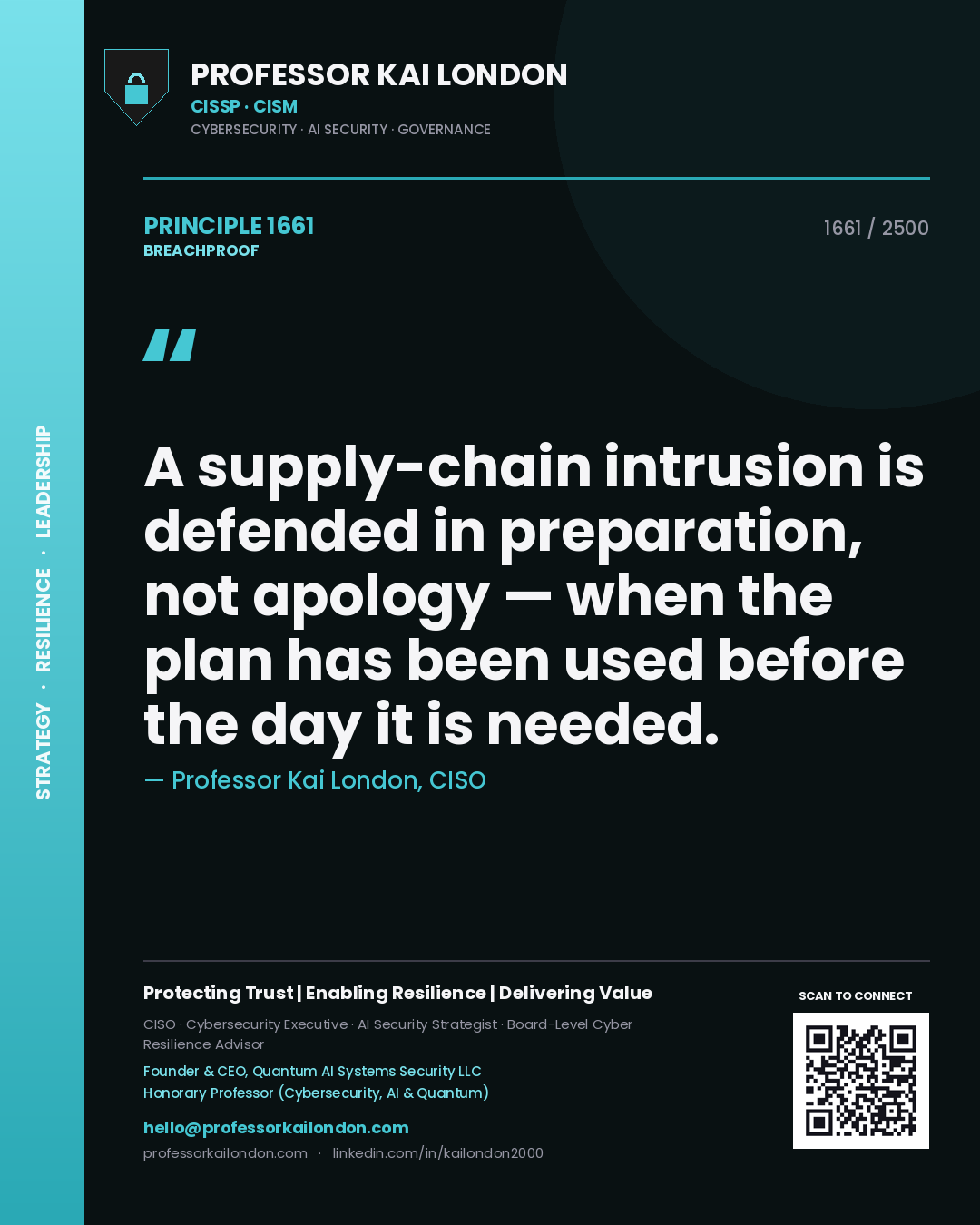 Quote card by Professor Kai London reading 'A supply-chain intrusion is defended in preparation, not apology — when the plan has been used before the day it is needed.'. From the book Breachproof.