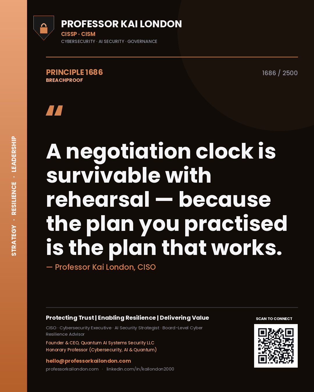 Quote card by Professor Kai London reading 'A negotiation clock is survivable with rehearsal — because the plan you practised is the plan that works.'. From the book Breachproof.
