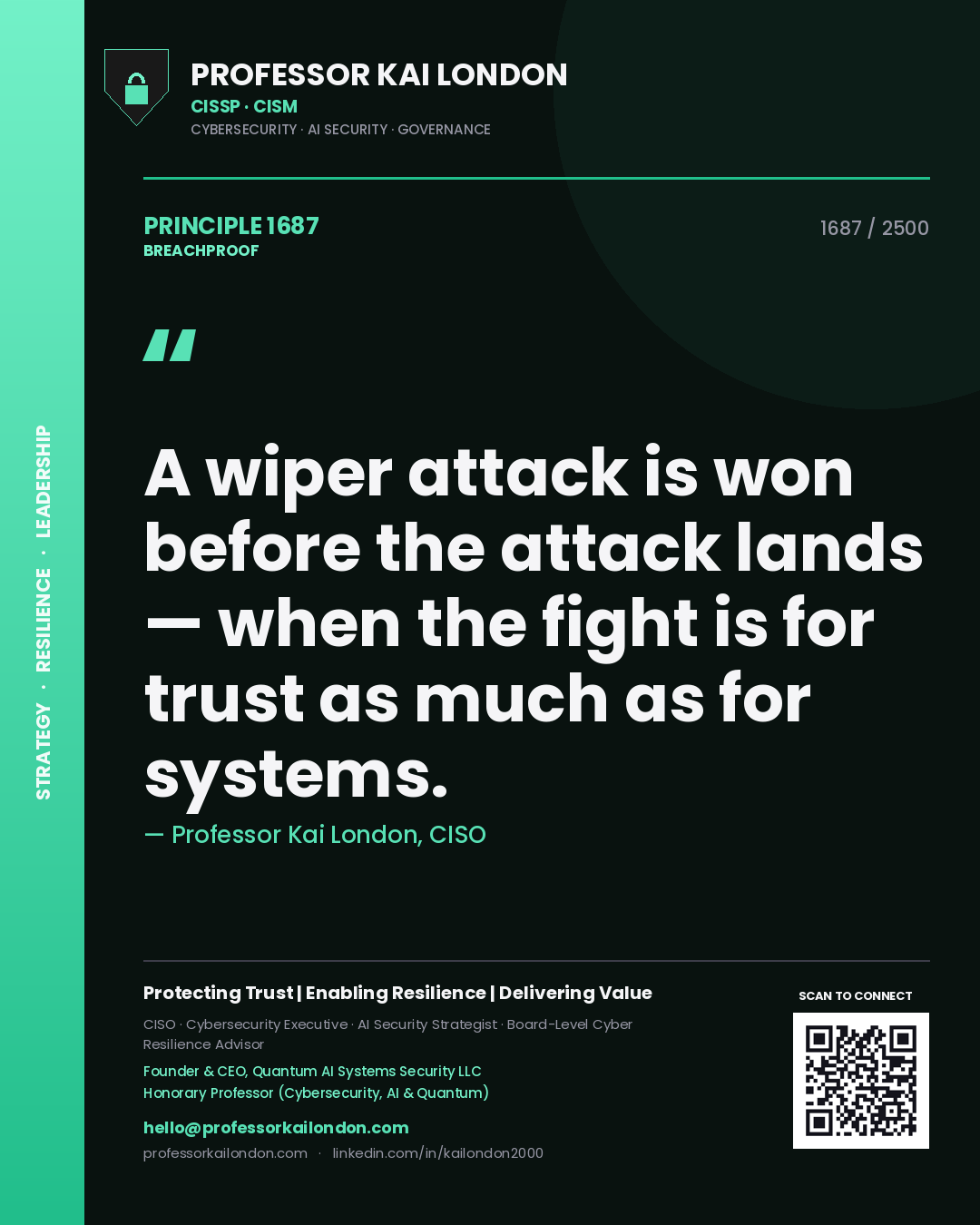 Quote card by Professor Kai London reading 'A wiper attack is won before the attack lands — when the fight is for trust as much as for systems.'. From the book Breachproof.