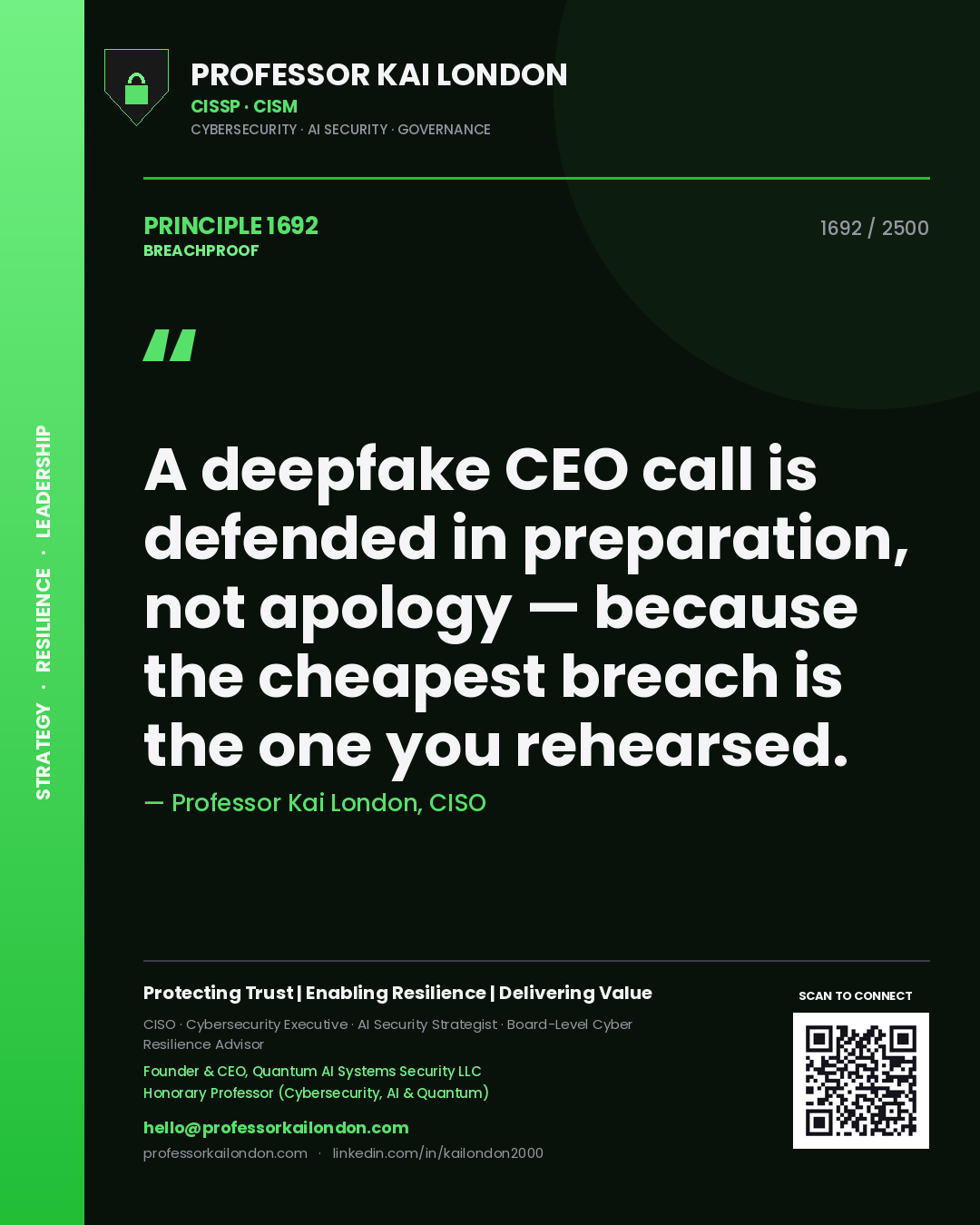 Quote card by Professor Kai London reading 'A deepfake CEO call is defended in preparation, not apology — because the cheapest breach is the one you rehearsed.'. From the book Breachproof.