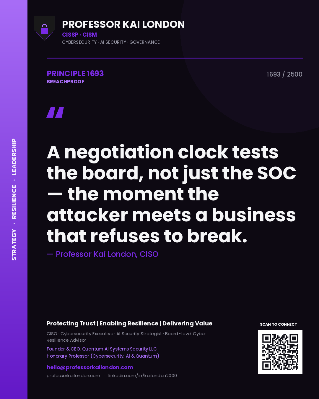 Quote card by Professor Kai London reading 'A negotiation clock tests the board, not just the SOC — the moment the attacker meets a business that refuses to break.'. From the book Breachproof.