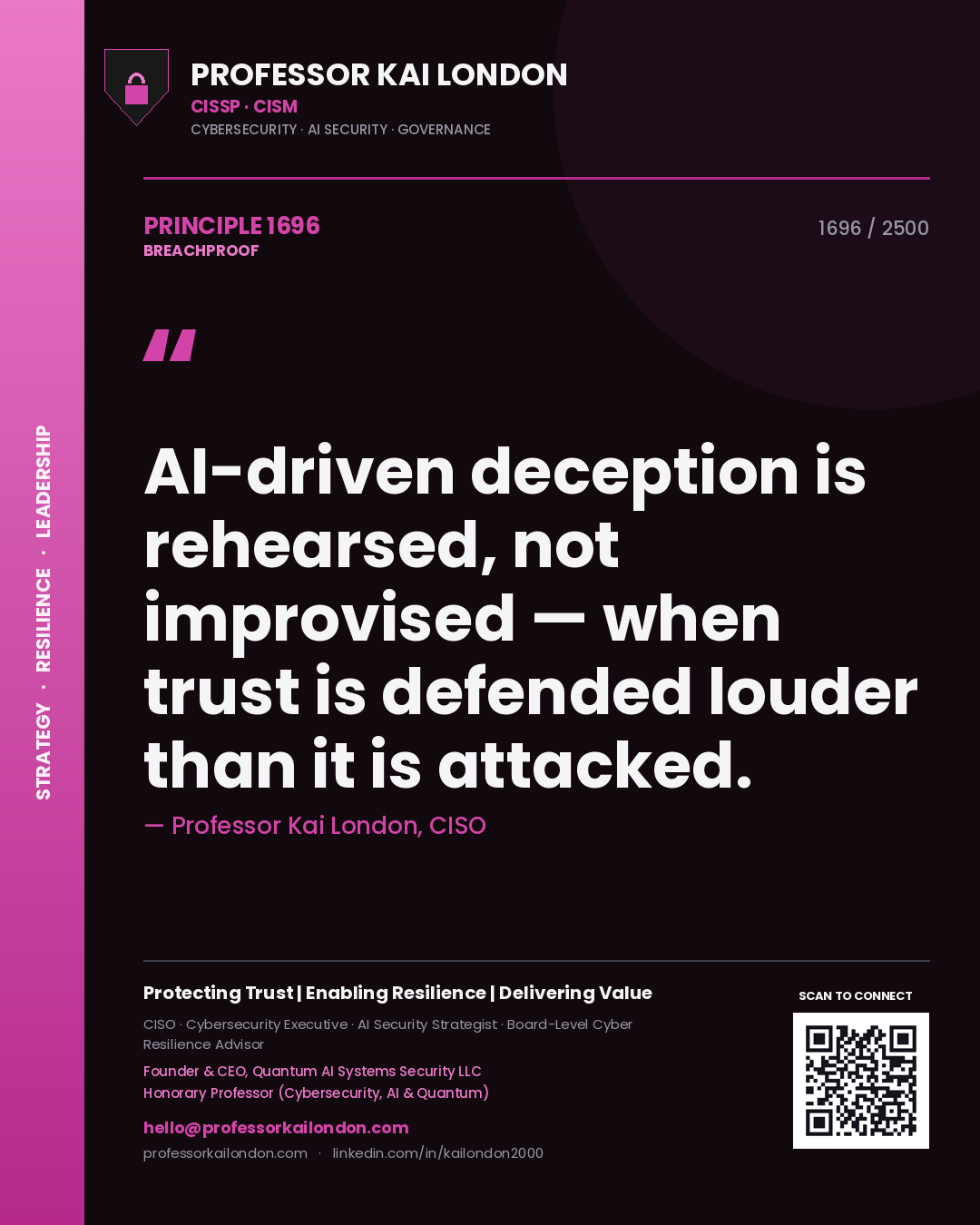 Quote card by Professor Kai London reading 'AI-driven deception is rehearsed, not improvised — when trust is defended louder than it is attacked.'. From the book Breachproof.