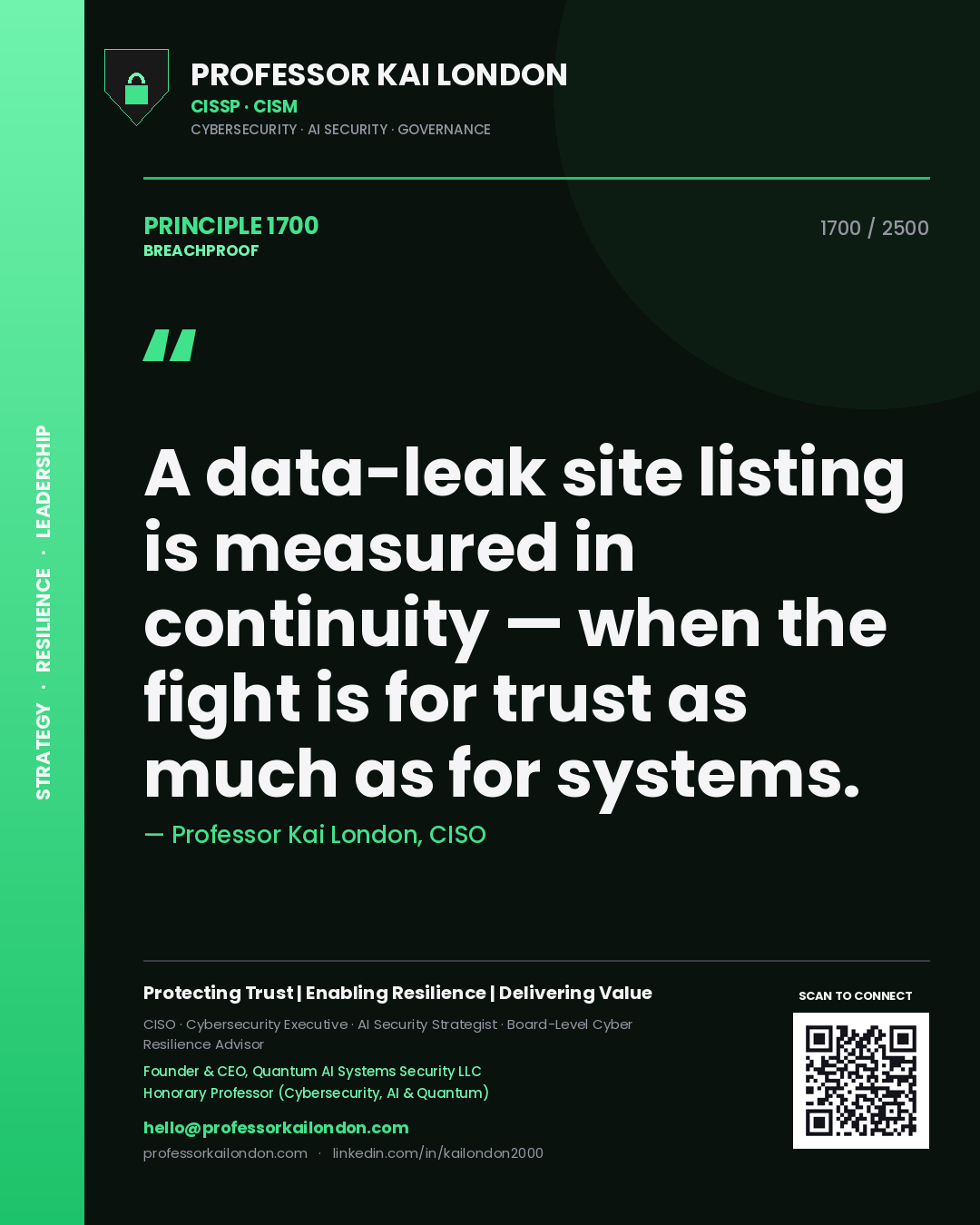 Quote card by Professor Kai London reading 'A data-leak site listing is measured in continuity — when the fight is for trust as much as for systems.'. From the book Breachproof.