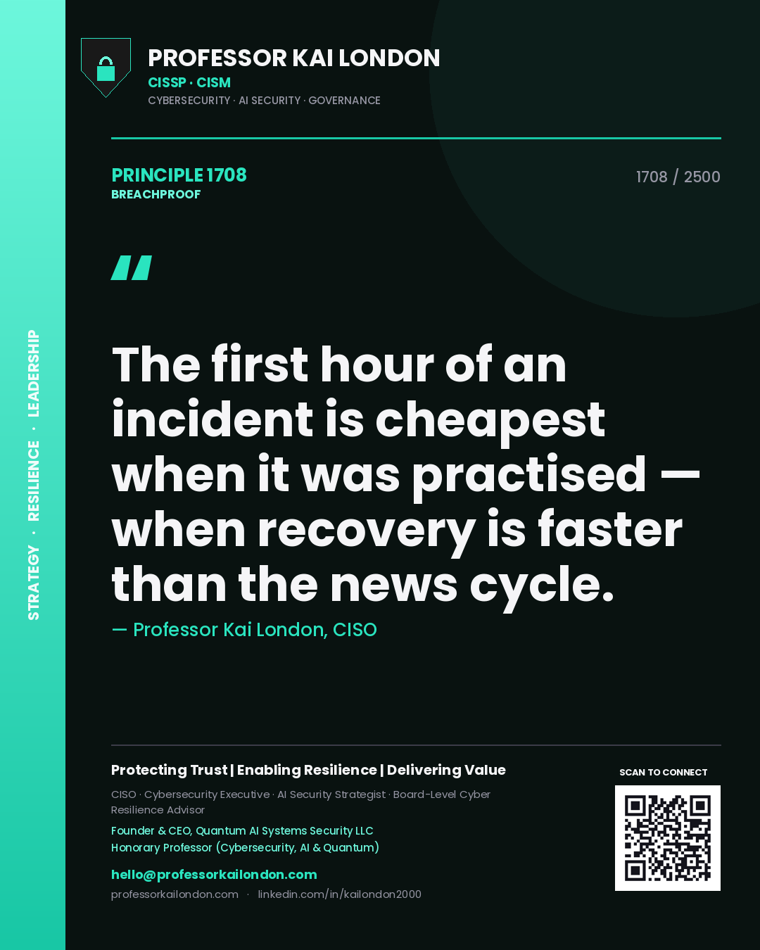 Quote card by Professor Kai London reading 'The first hour of an incident is cheapest when it was practised — when recovery is faster than the news cycle.'. From the book Breachproof.