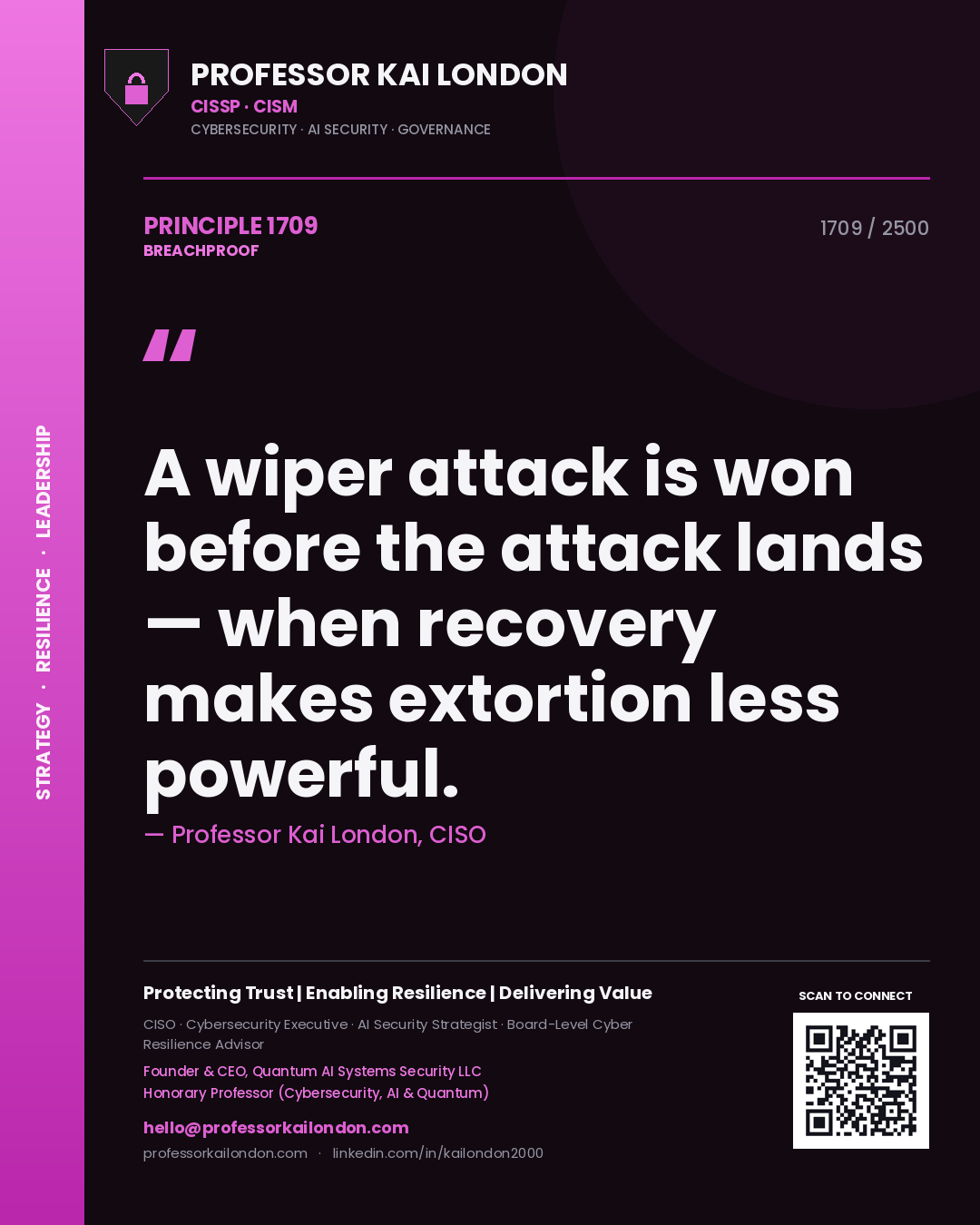 Quote card by Professor Kai London reading 'A wiper attack is won before the attack lands — when recovery makes extortion less powerful.'. From the book Breachproof.