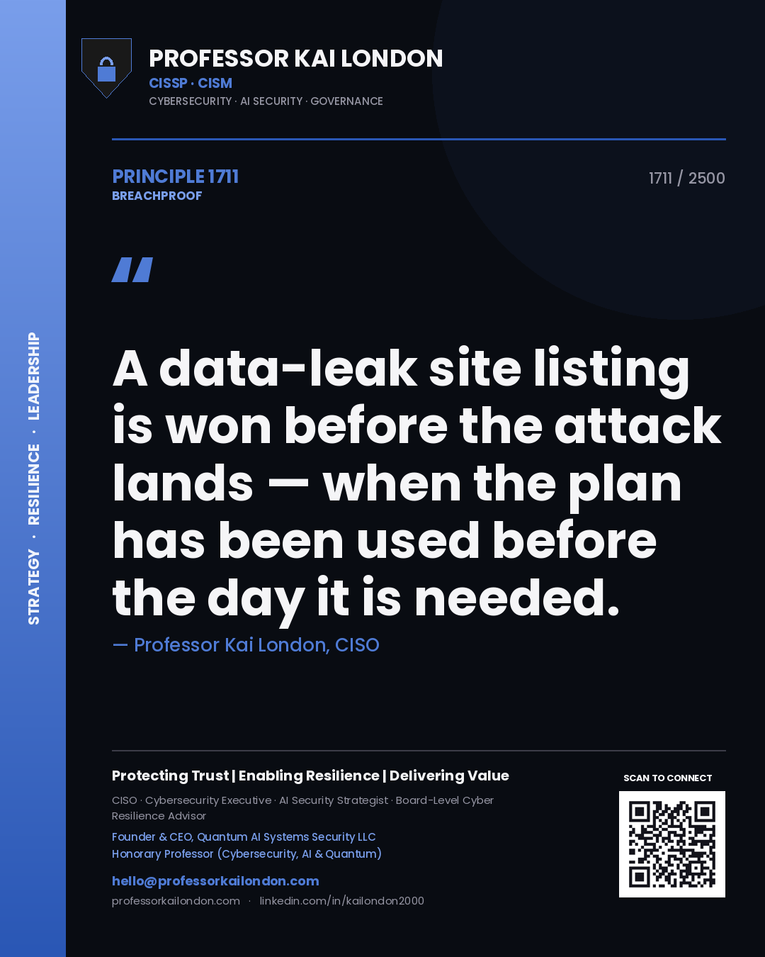 Quote card by Professor Kai London reading 'A data-leak site listing is won before the attack lands — when the plan has been used before the day it is needed.'. From the book Breachproof.