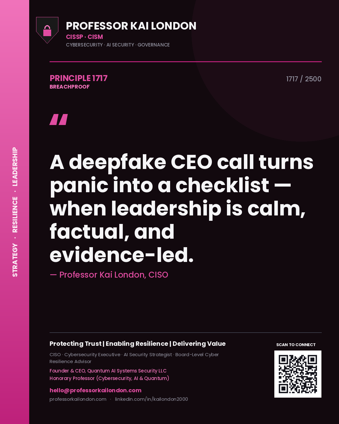 Professor Kai London principle 1717: A deepfake CEO call turns panic into a checklist — when leadership is calm, factual, and evidence-led.