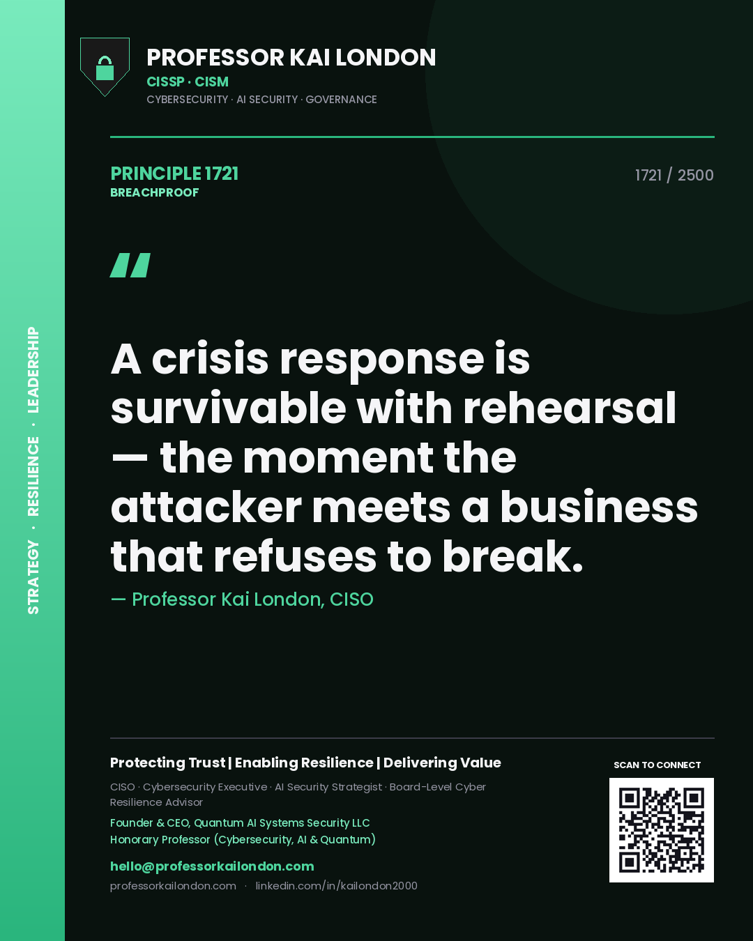 Quote card by Professor Kai London reading 'A crisis response is survivable with rehearsal — the moment the attacker meets a business that refuses to break.'. From the book Breachproof.