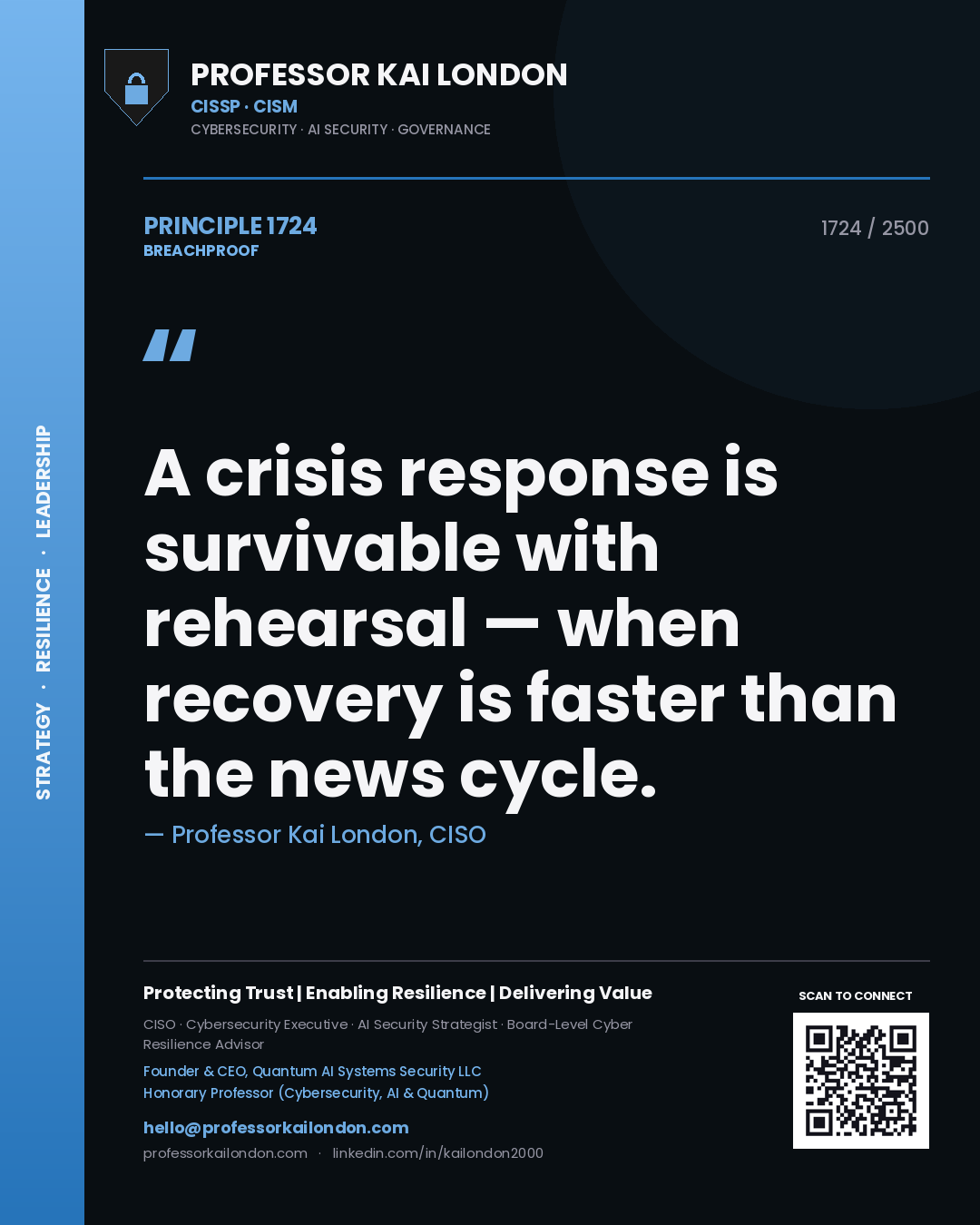Quote card by Professor Kai London reading 'A crisis response is survivable with rehearsal — when recovery is faster than the news cycle.'. From the book Breachproof.