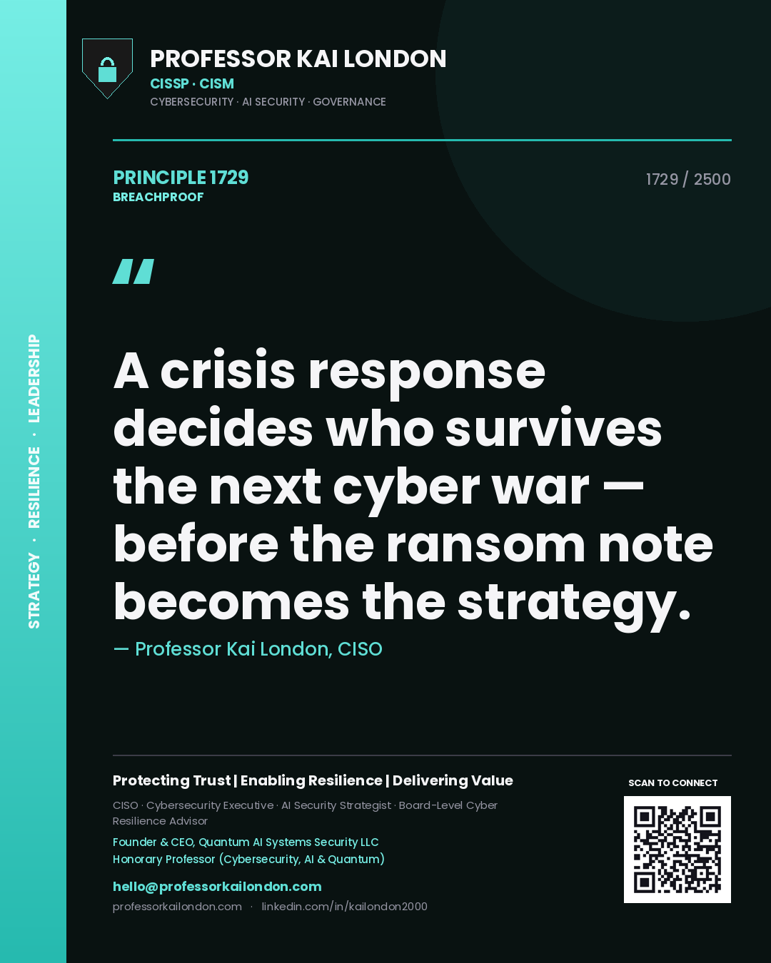 Quote card by Professor Kai London reading 'A crisis response decides who survives the next cyber war — before the ransom note becomes the strategy.'. From the book Breachproof.