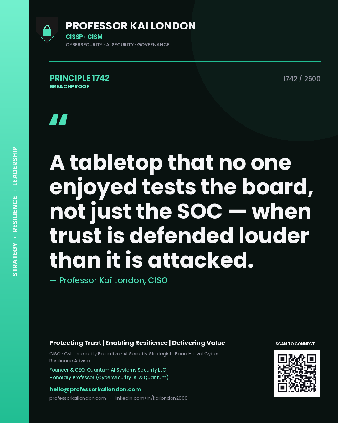 Quote card by Professor Kai London reading 'A tabletop that no one enjoyed tests the board, not just the SOC — when trust is defended louder than it is attacked.'. From the book Breachproof.