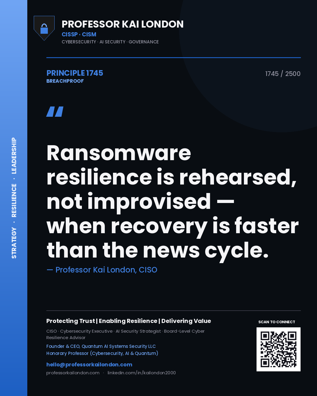 Quote card by Professor Kai London reading 'Ransomware resilience is rehearsed, not improvised — when recovery is faster than the news cycle.'. From the book Breachproof.