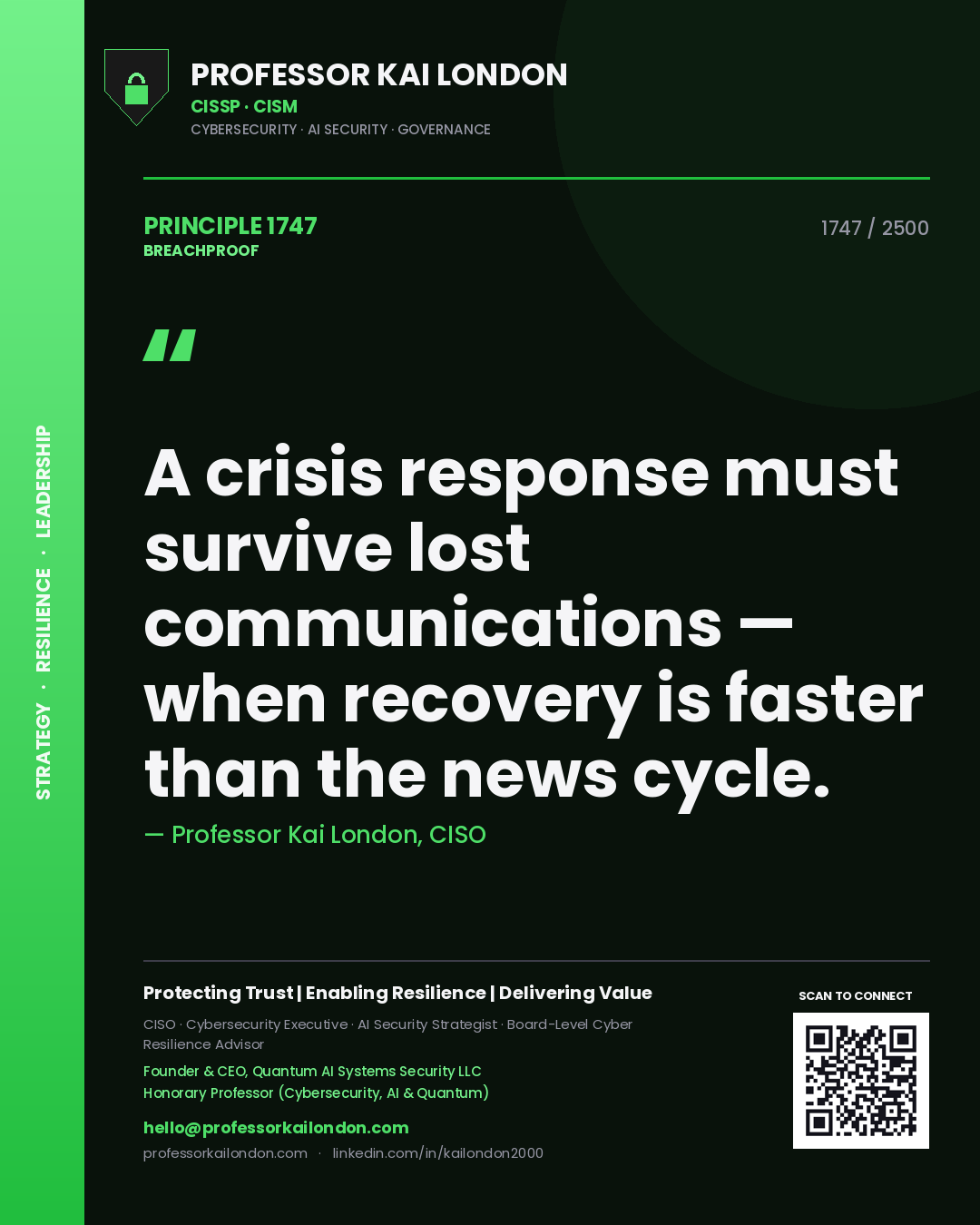 Quote card by Professor Kai London reading 'A crisis response must survive lost communications — when recovery is faster than the news cycle.'. From the book Breachproof.