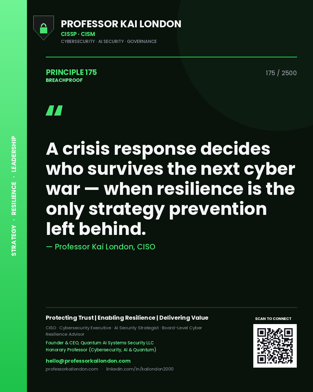 Quote card by Professor Kai London reading 'A crisis response decides who survives the next cyber war — when resilience is the only strategy prevention left behind.'. From the book Breachproof.