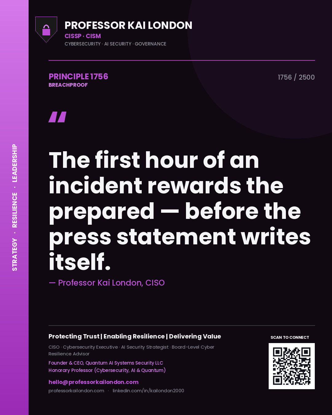 Quote card by Professor Kai London reading 'The first hour of an incident rewards the prepared — before the press statement writes itself.'. From the book Breachproof.