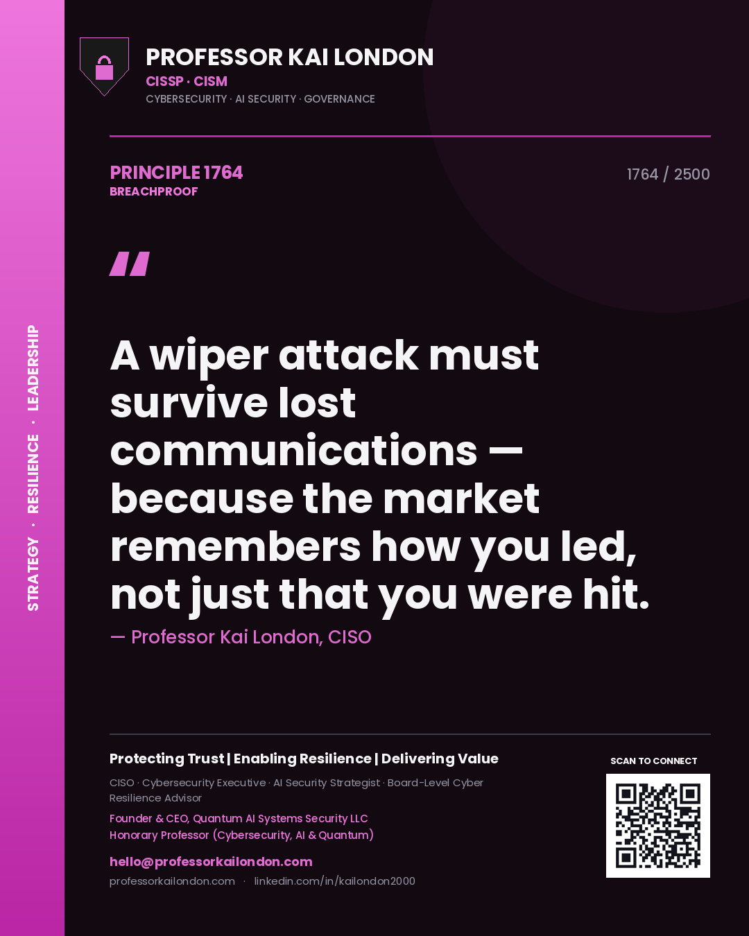 Quote card by Professor Kai London reading 'A wiper attack must survive lost communications — because the market remembers how you led, not just that you were hit.'. From the book Breachproof.