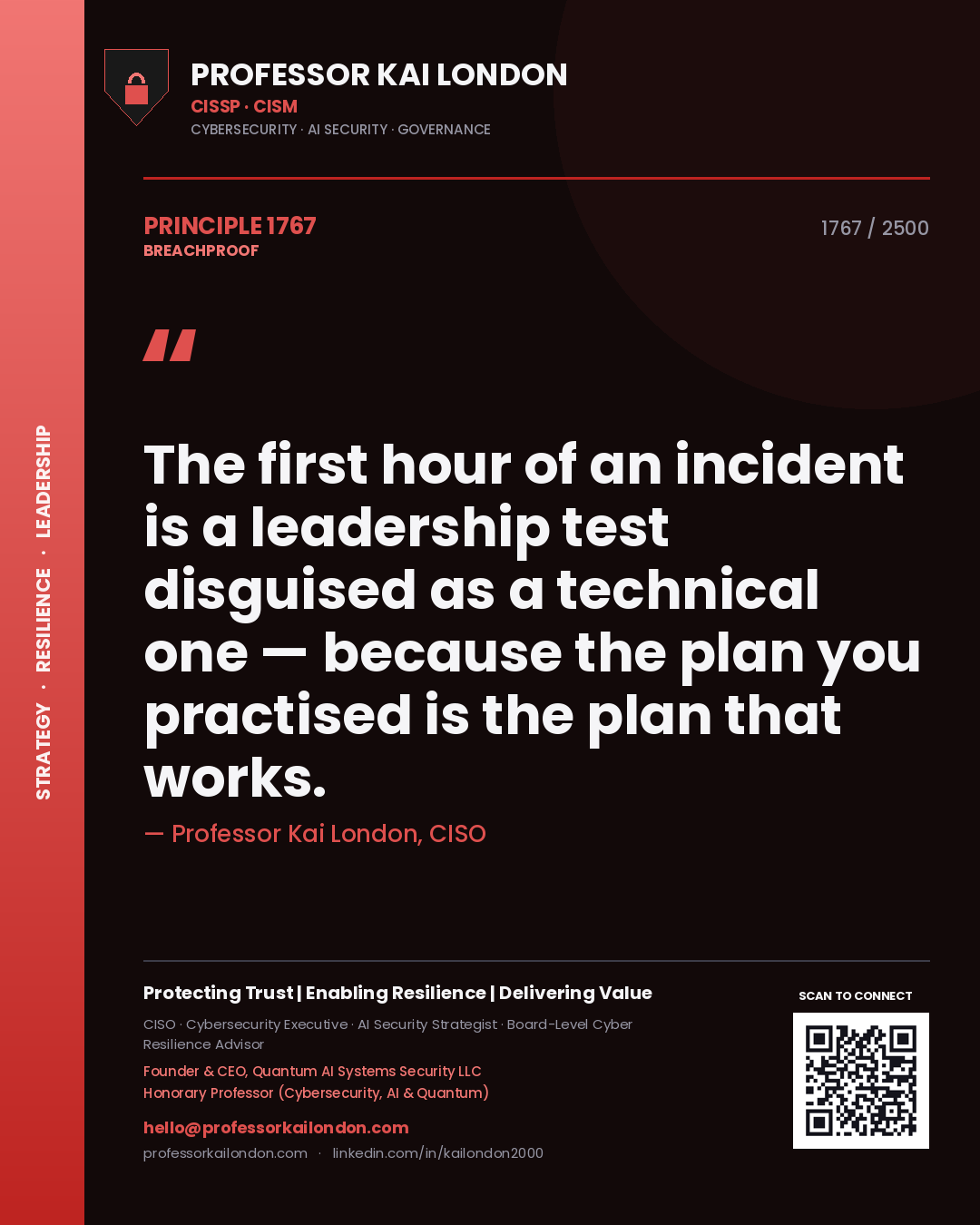 Quote card by Professor Kai London reading 'The first hour of an incident is a leadership test disguised as a technical one — because the plan you practised is the plan that works.'. From the book Breachproof.