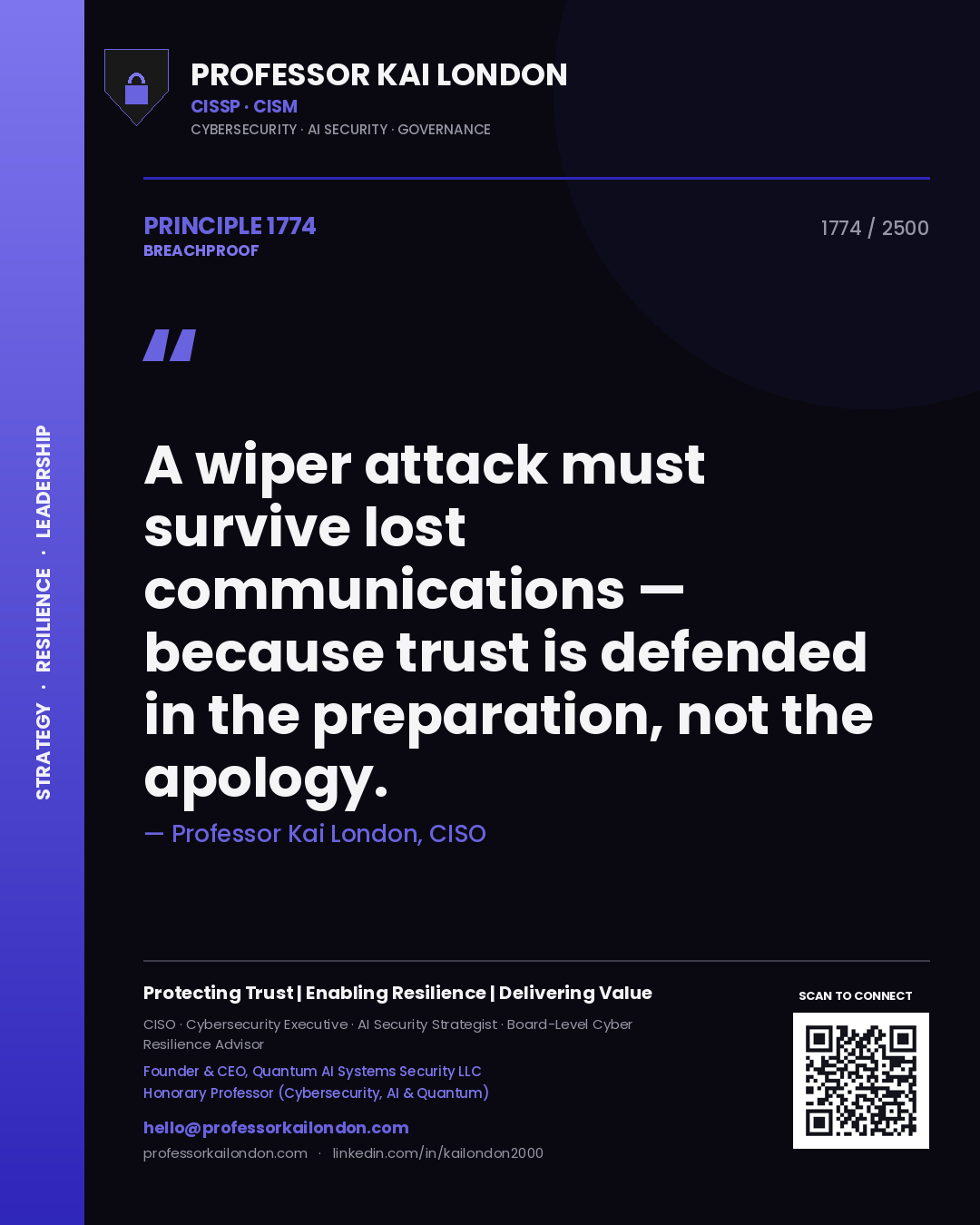 Quote card by Professor Kai London reading 'A wiper attack must survive lost communications — because trust is defended in the preparation, not the apology.'. From the book Breachproof.