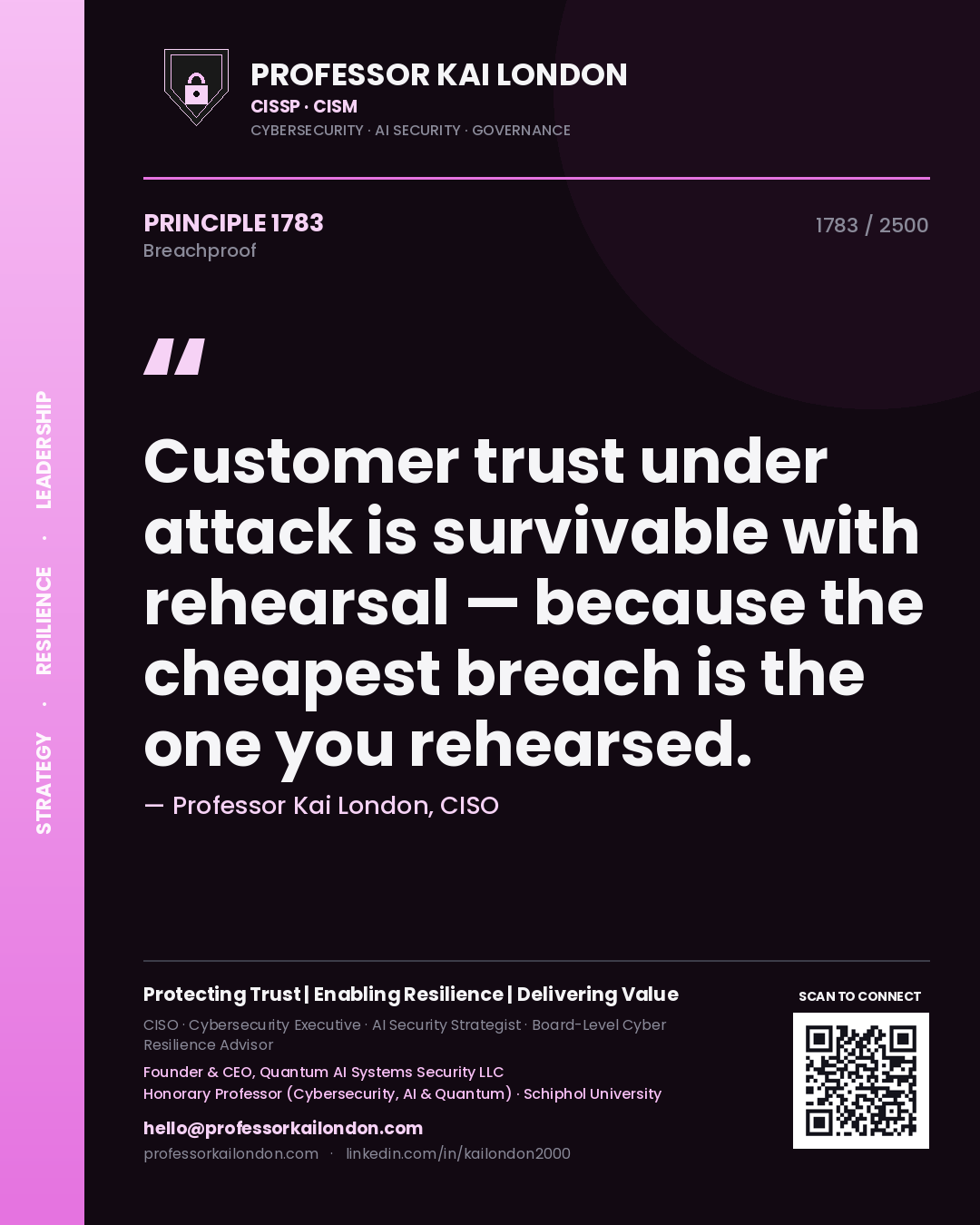 Quote card by Professor Kai London reading 'Customer trust under attack is survivable with rehearsal — because the cheapest breach is the one you rehearsed.'. From the book Breachproof.