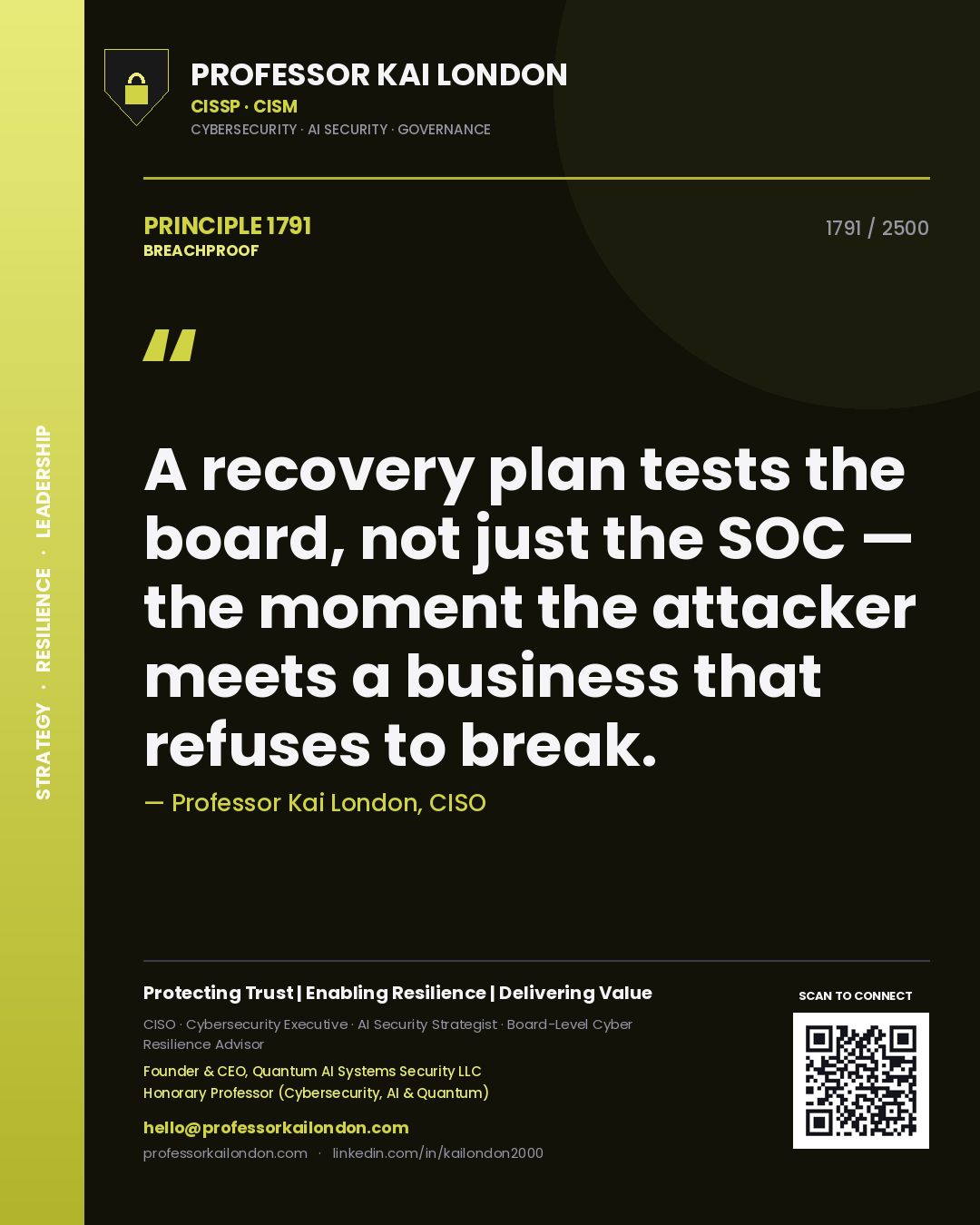 Quote card by Professor Kai London reading 'A recovery plan tests the board, not just the SOC — the moment the attacker meets a business that refuses to break.'. From the book Breachproof.