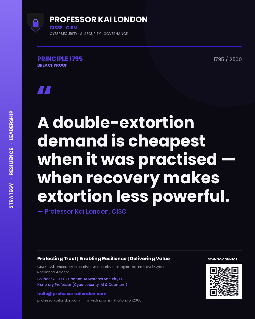 Quote card by Professor Kai London reading 'A double-extortion demand is cheapest when it was practised — when recovery makes extortion less powerful.'. From the book Breachproof.