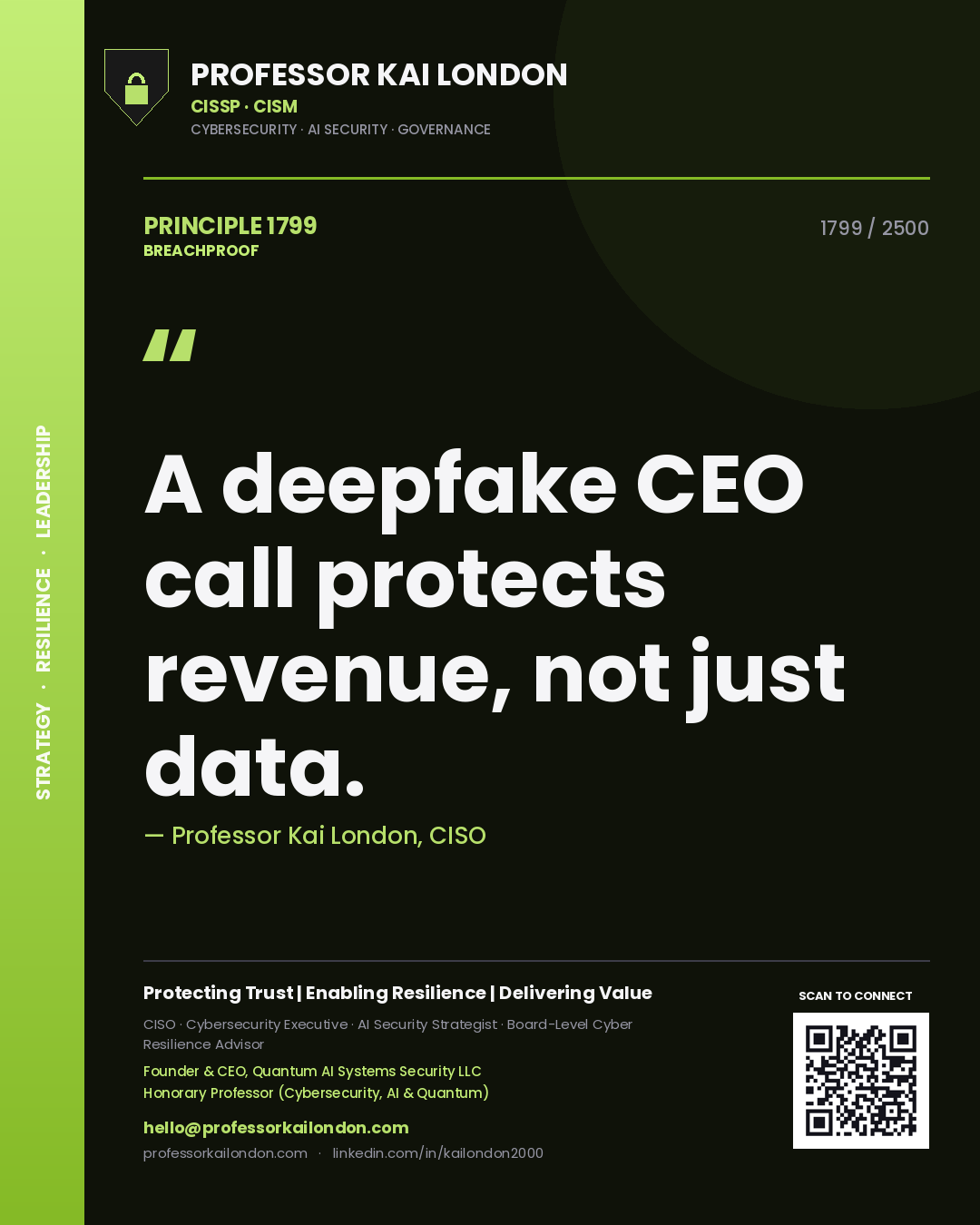 Quote card by Professor Kai London reading 'A deepfake CEO call protects revenue, not just data.'. From the book Breachproof.