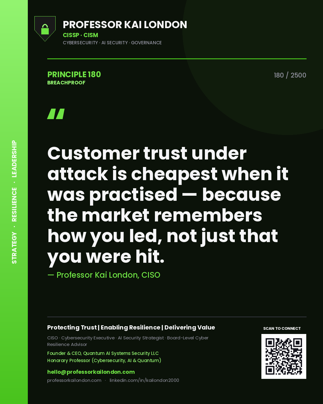 Quote card by Professor Kai London reading 'Customer trust under attack is cheapest when it was practised — because the market remembers how you led, not just that you were hit.'. From the book Breachproof.