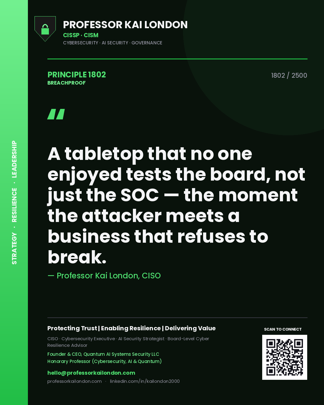 Professor Kai London principle 1802: A tabletop that no one enjoyed tests the board, not just the SOC — the moment the attacker meets a business that refuses to break.