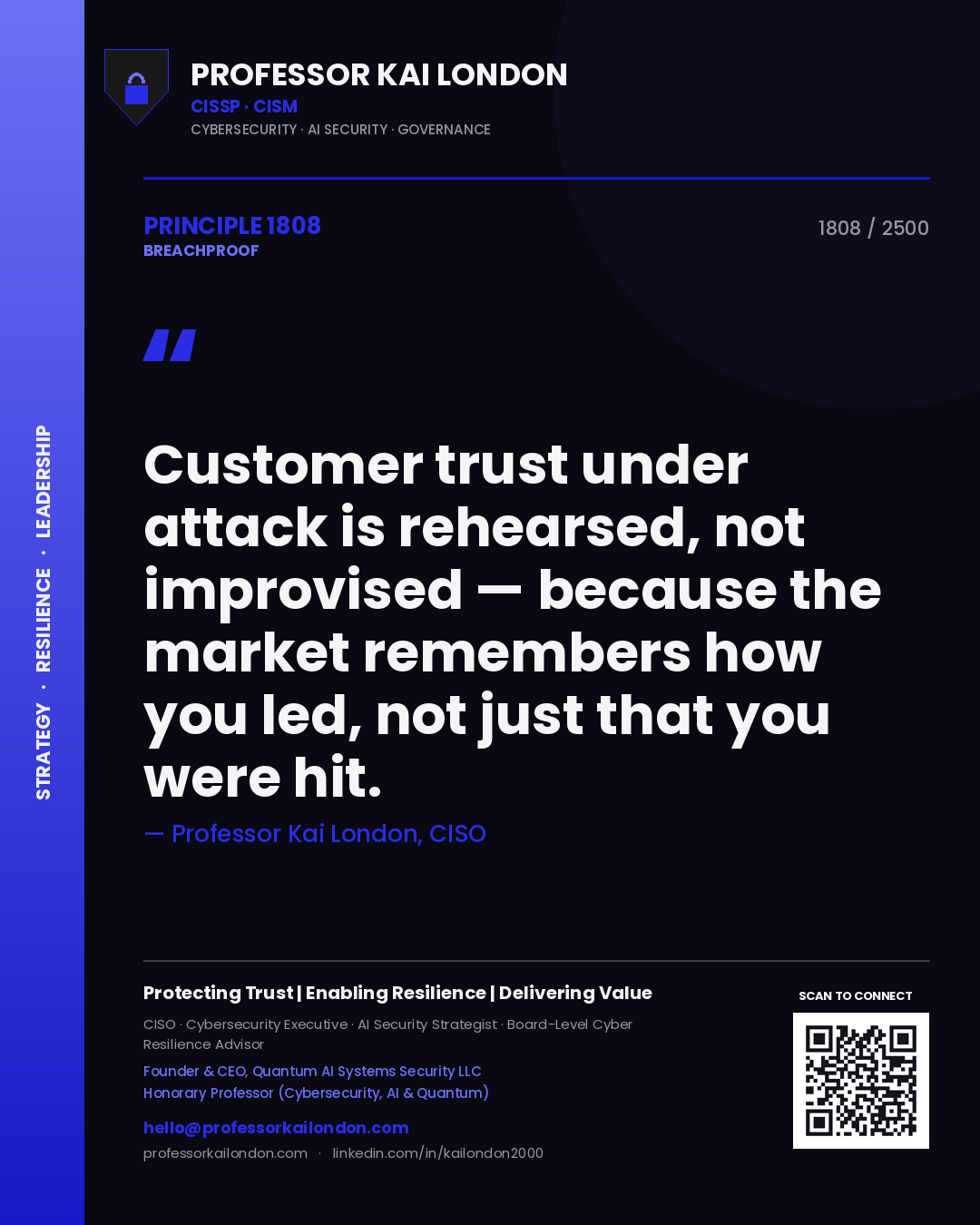Quote card by Professor Kai London reading 'Customer trust under attack is rehearsed, not improvised — because the market remembers how you led, not just that you were hit.'. From the book Breachproof.